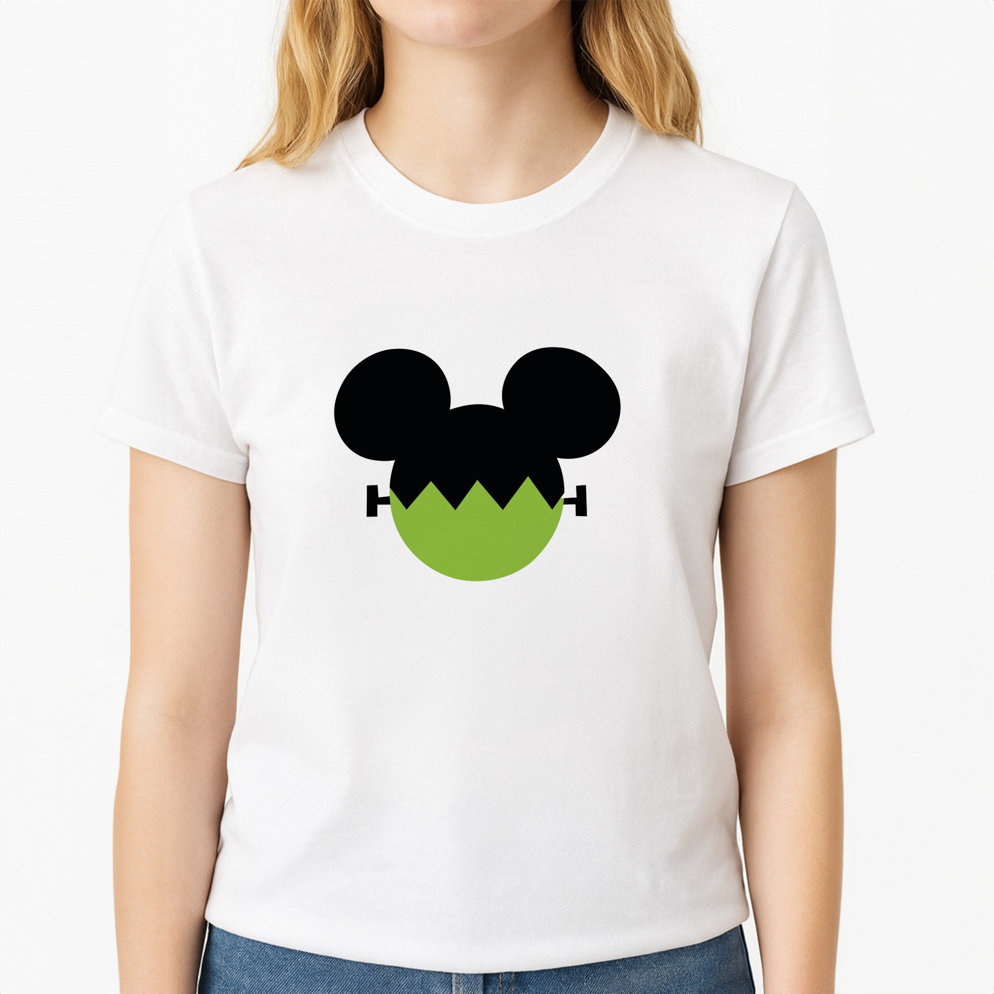Frankenstein Mouse Halloween Unisex T-Shirt, worn by a female model