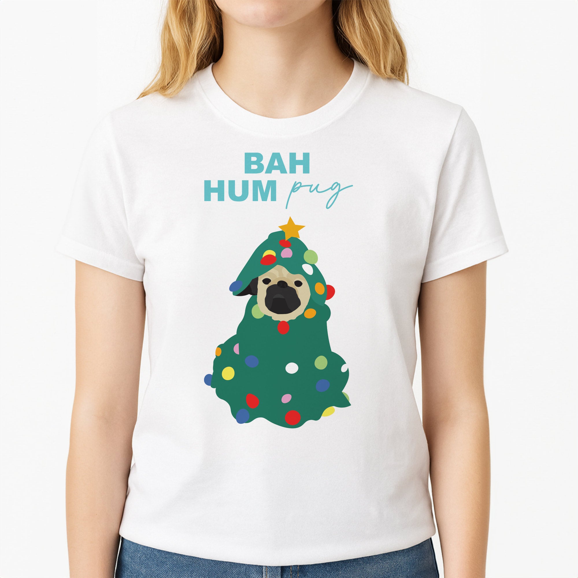 Bah Hum Pug Unisex T-Shirt, worn by a female model