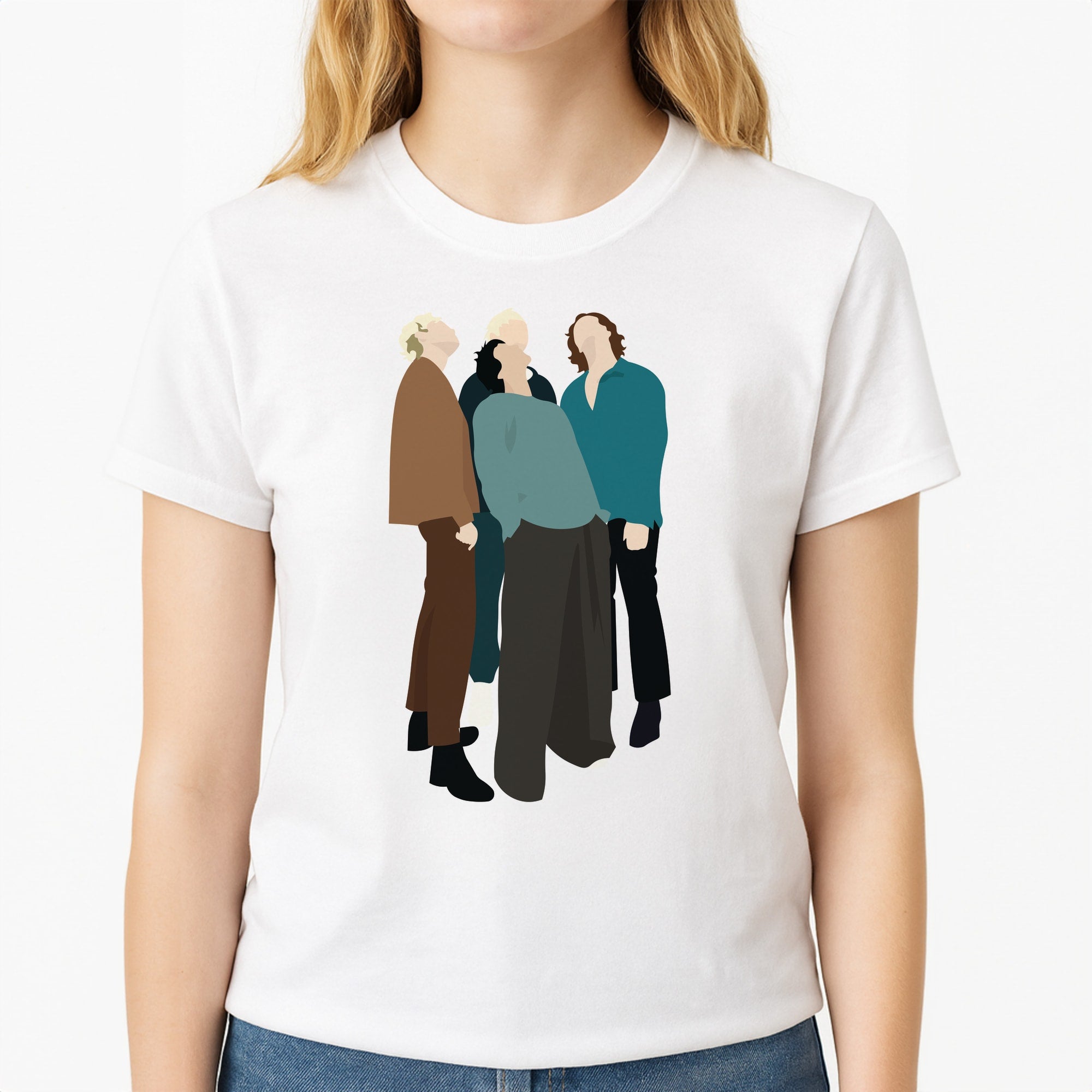 Looking up Unisex T-Shirt, worn by a female model