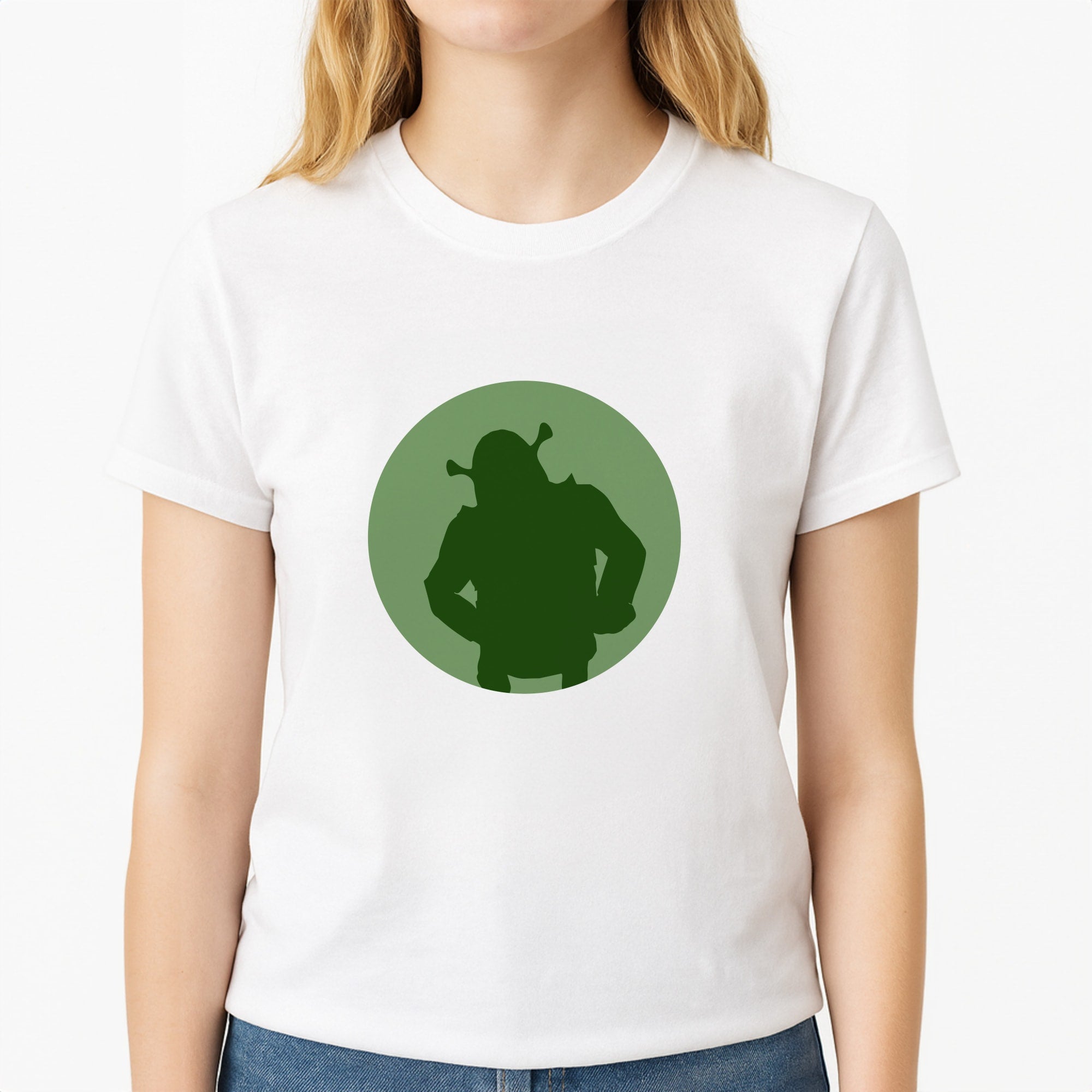Green Ogre Outline Unisex T-Shirt, worn by a female model