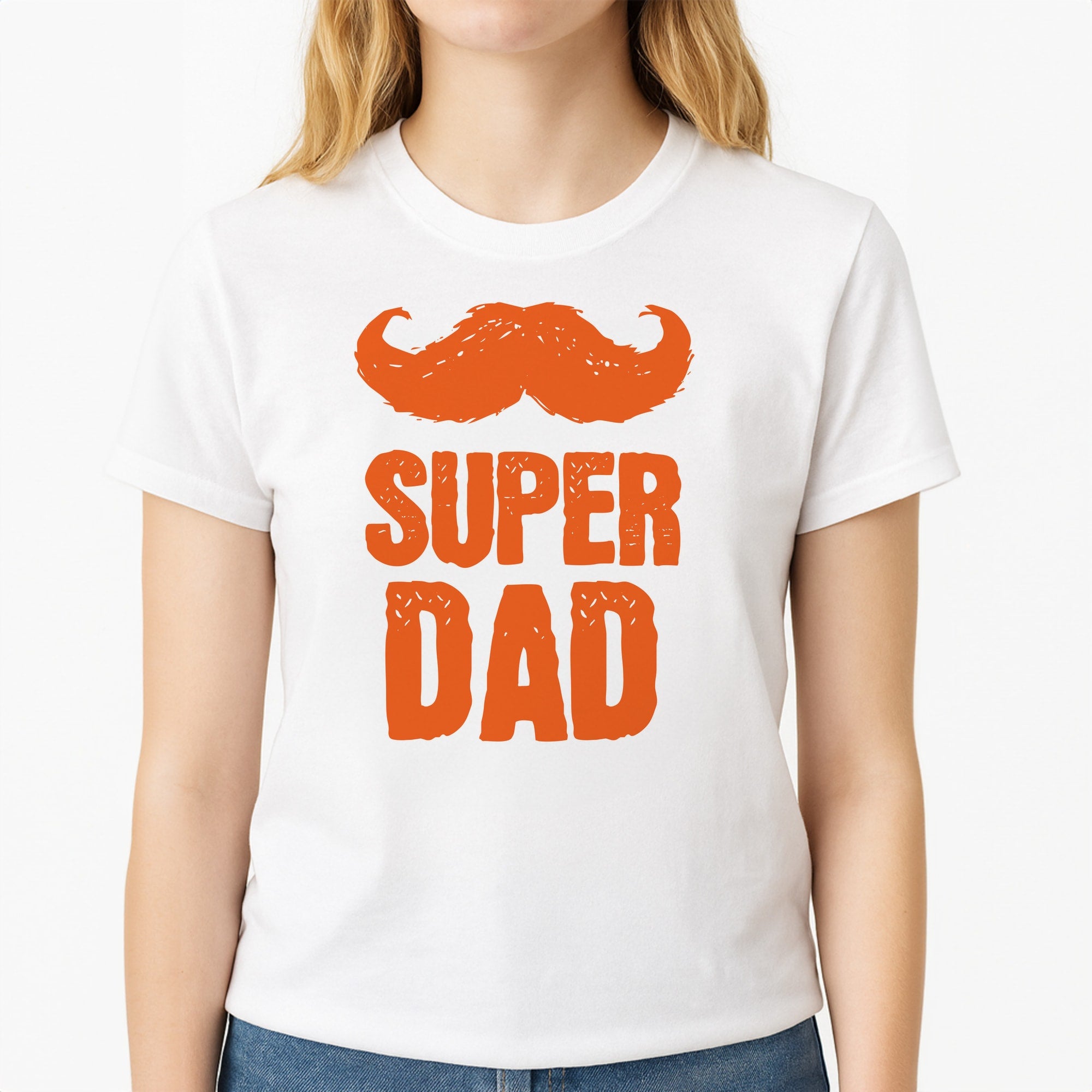 Moustache Super Dad Orange Unisex T-Shirt, worn by a female model