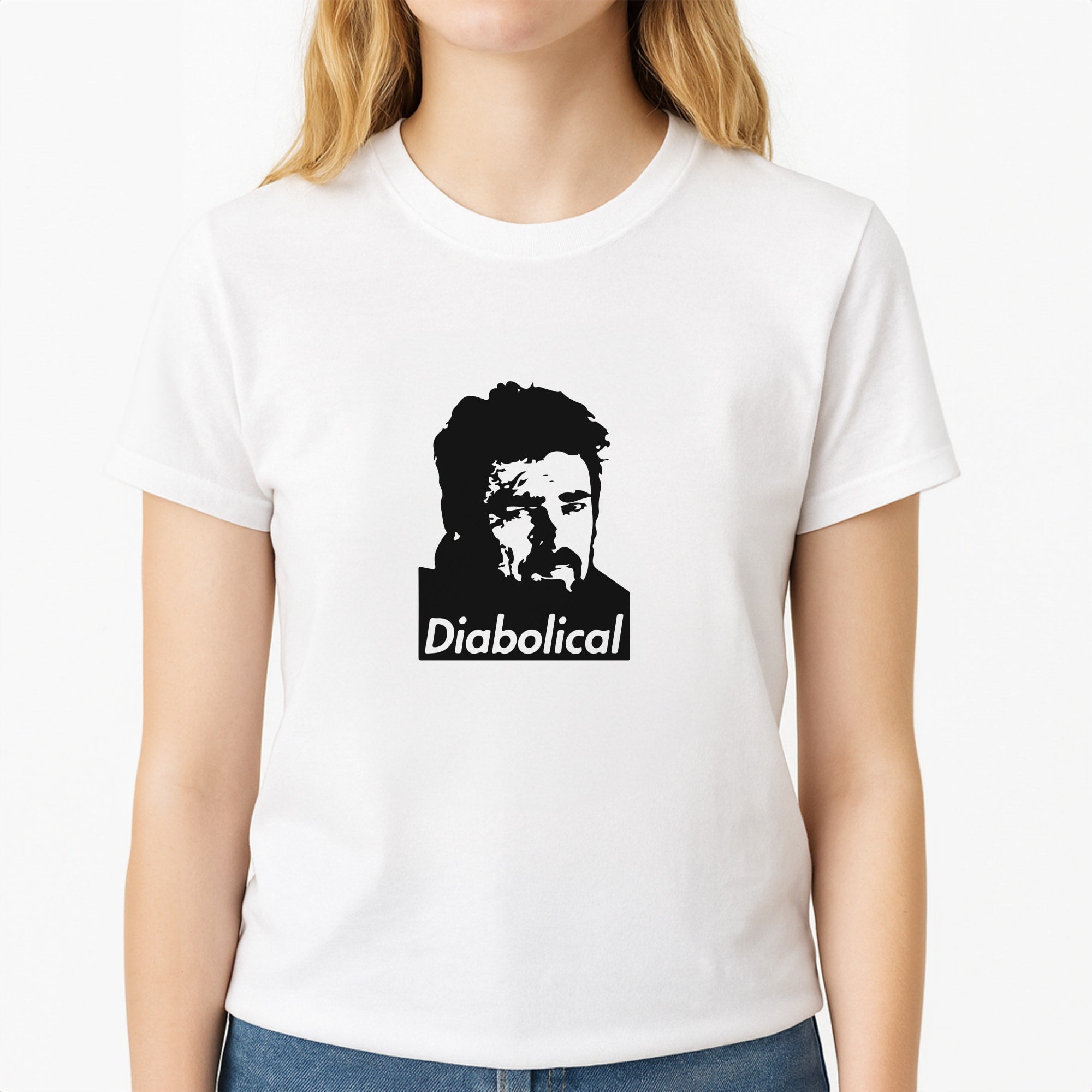 Diabolical Unisex T-Shirt, worn by a female model