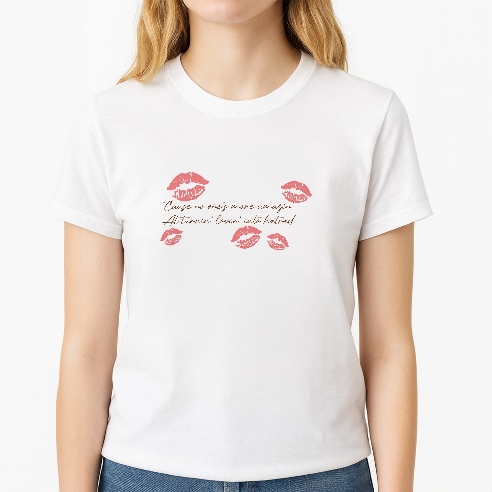 Turnin' Lovin' Into Hatred Unisex T-Shirt, worn by a female model