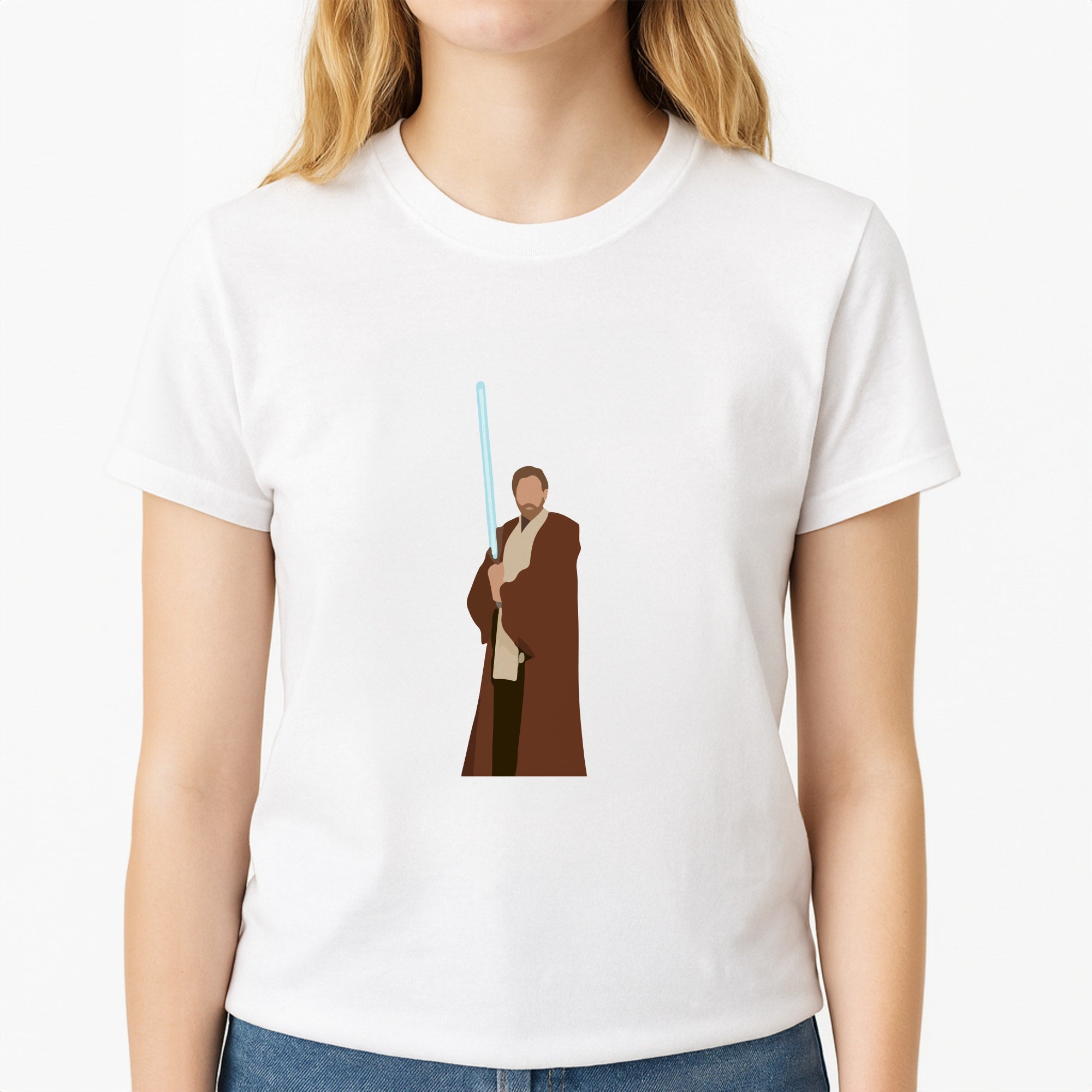 Kenobi Blue Lightsaber Unisex T-Shirt, worn by a female model
