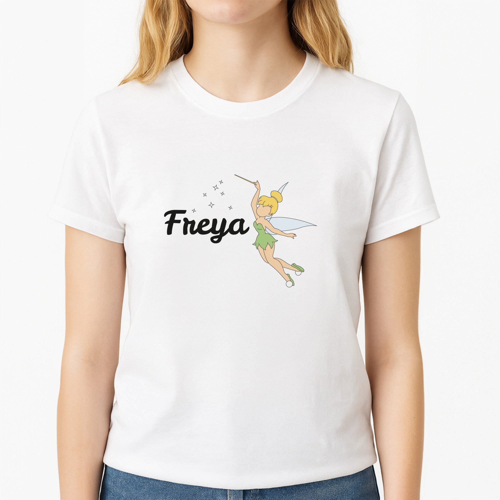 Tinkerbell - Personalised Fairytale Unisex T-Shirt, worn by a female model