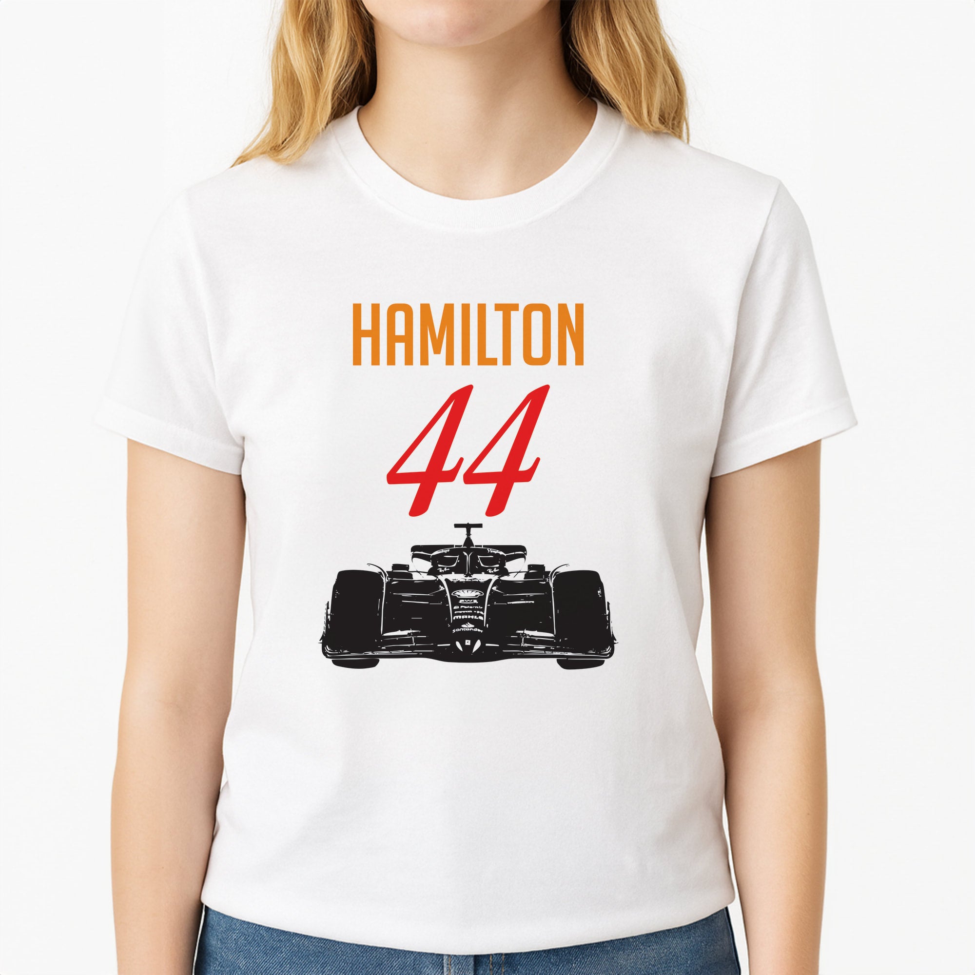 F1 Car Hamilton Unisex T-Shirt, worn by a female model