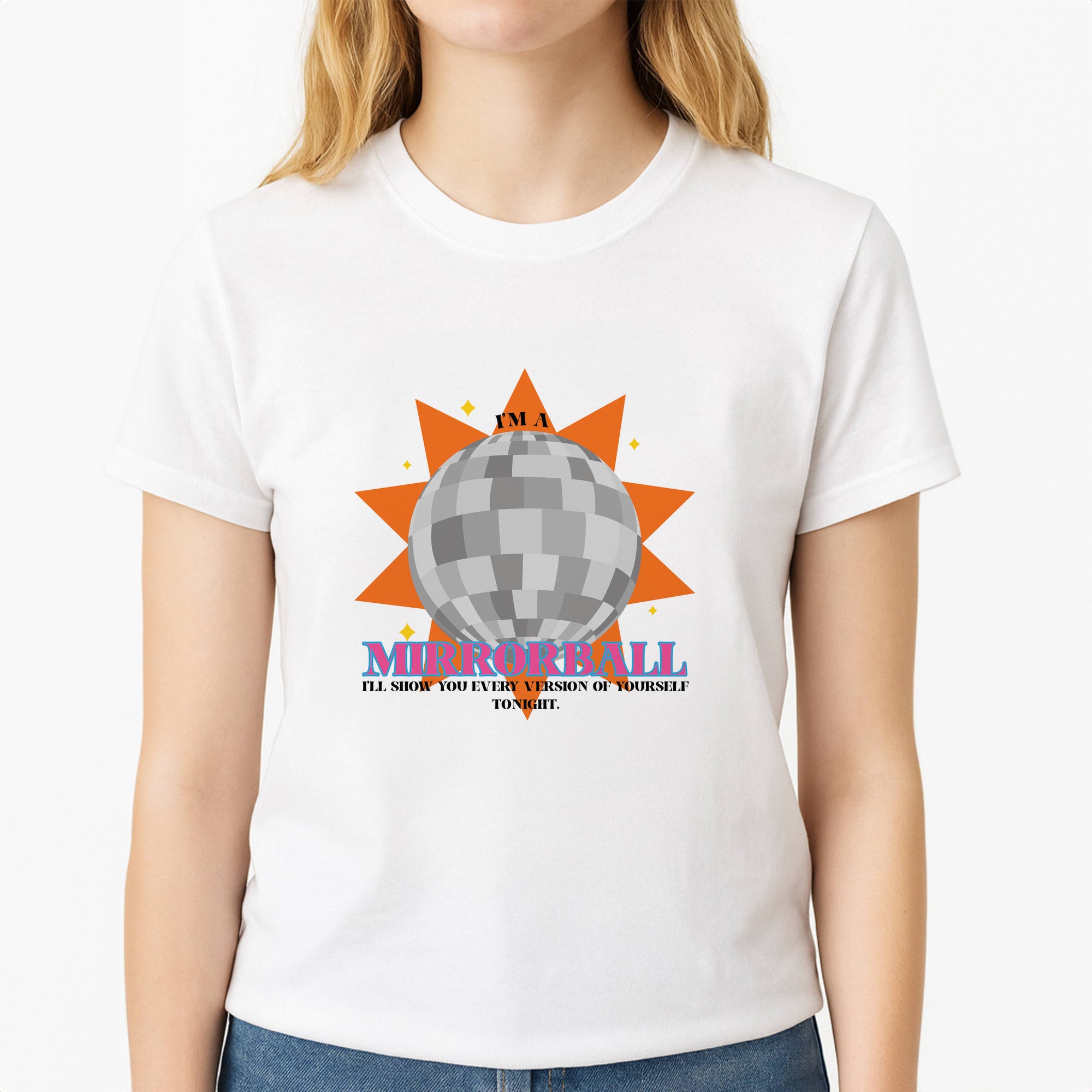 Mirrorball - Taylor Unisex T-Shirt, worn by a female model