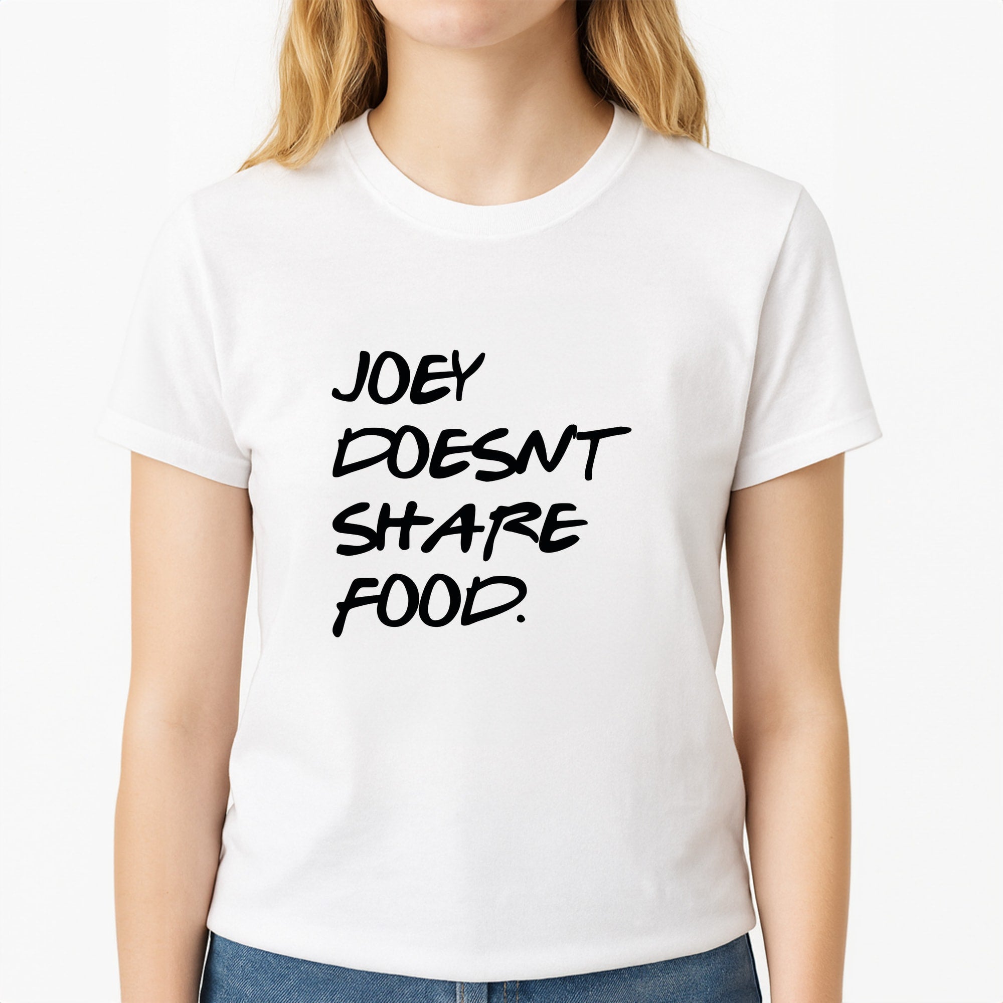 Joey Doesn't Share Food, Black Unisex T-Shirt, worn by a female model