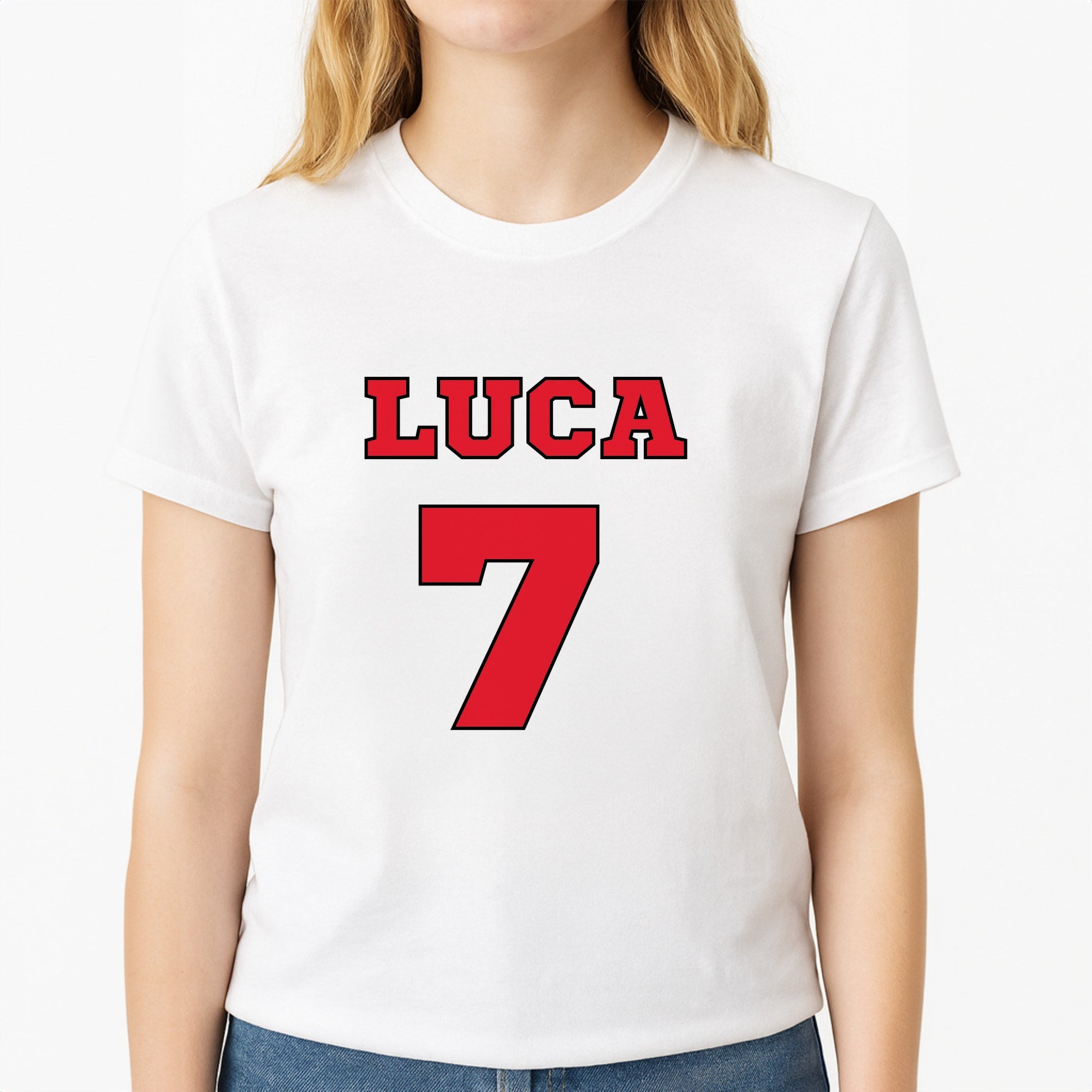Red - Personalised Football Unisex T-Shirt, worn by a female model