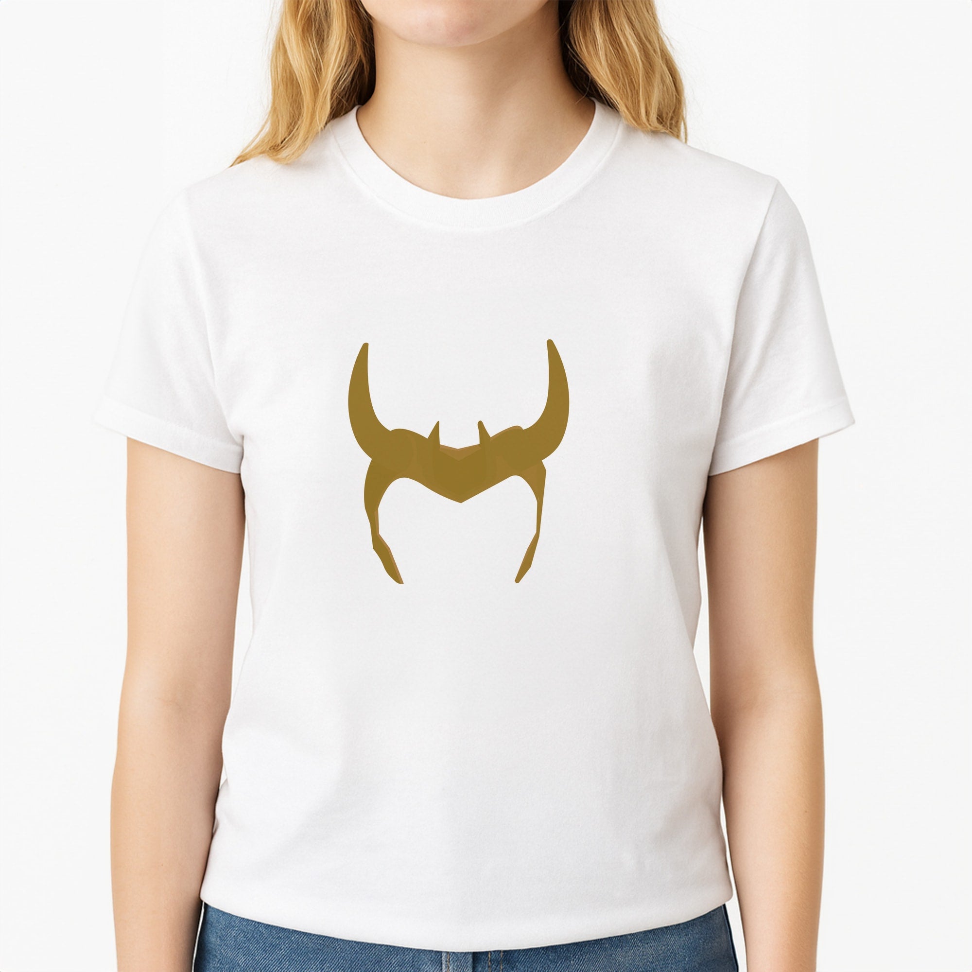 The Horned Helmet Unisex T-Shirt, worn by a female model