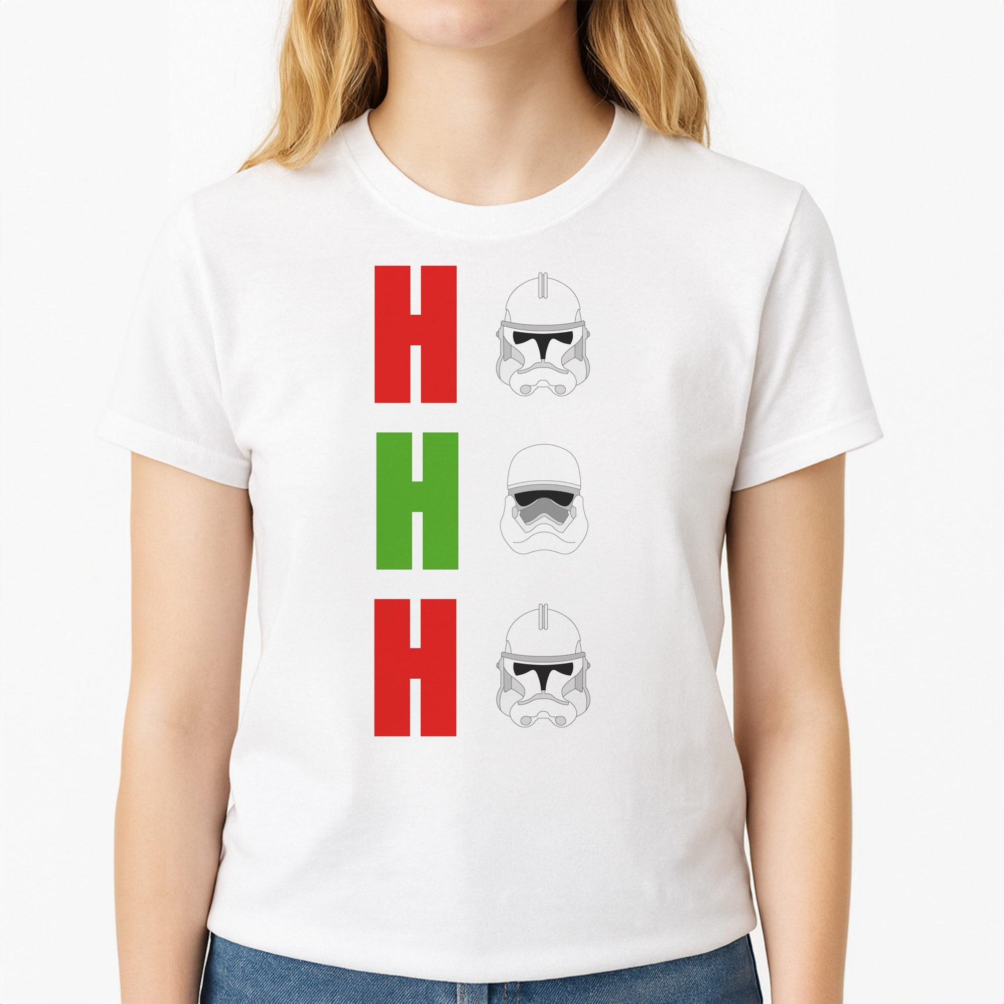 Ho Ho Ho Troopers Unisex T-Shirt, worn by a female model
