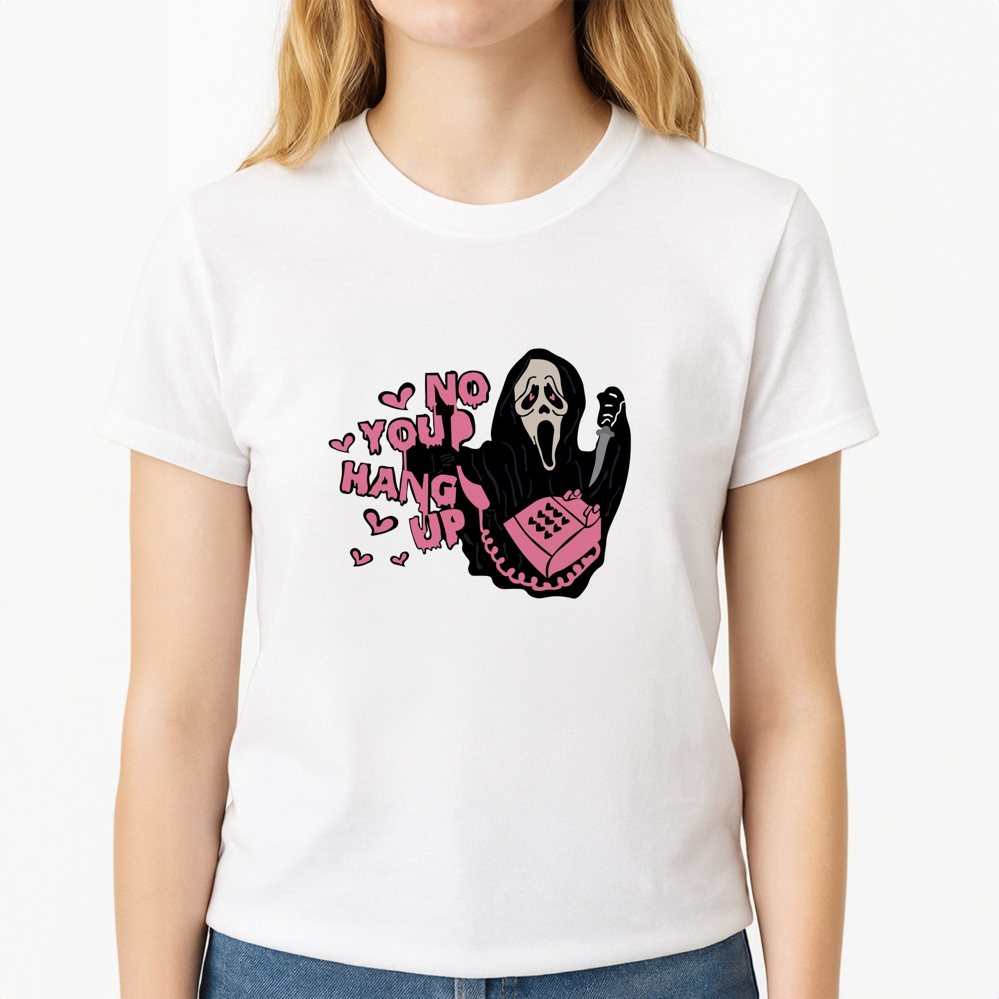No You Hang Up - Halloween Unisex T-Shirt, worn by a female model