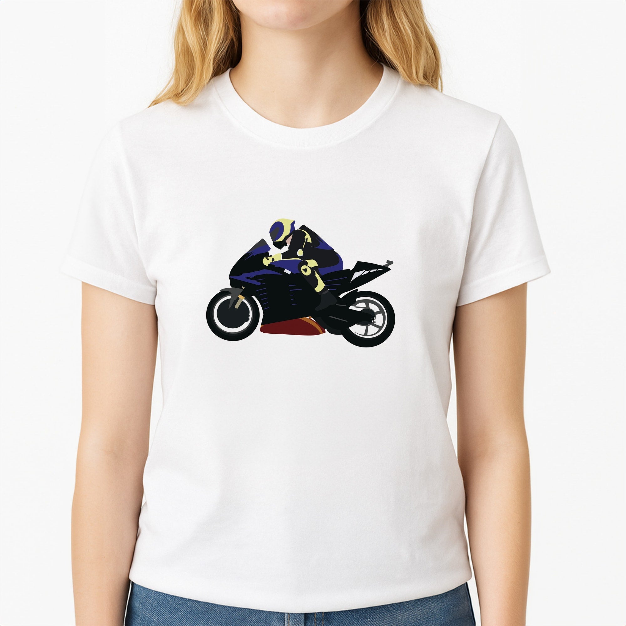 Purple Motorbike - Motorbike Unisex T-Shirt, worn by a female model