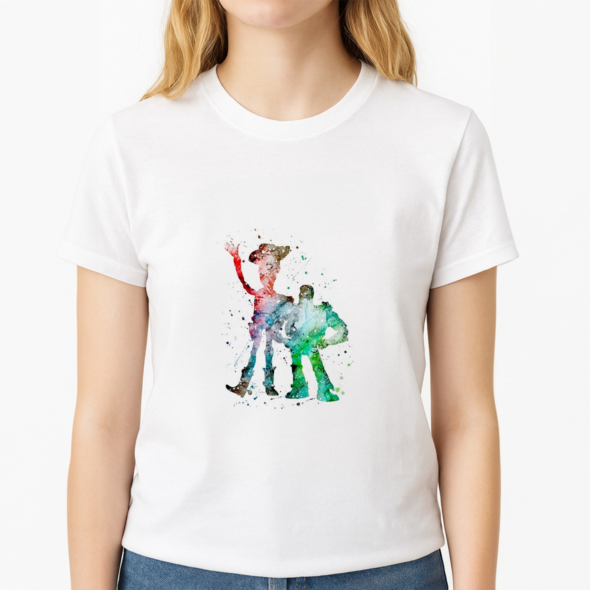 Watercolour Woody & Buzz A Story of Toys Fairytale Unisex T-Shirt, worn by a female model