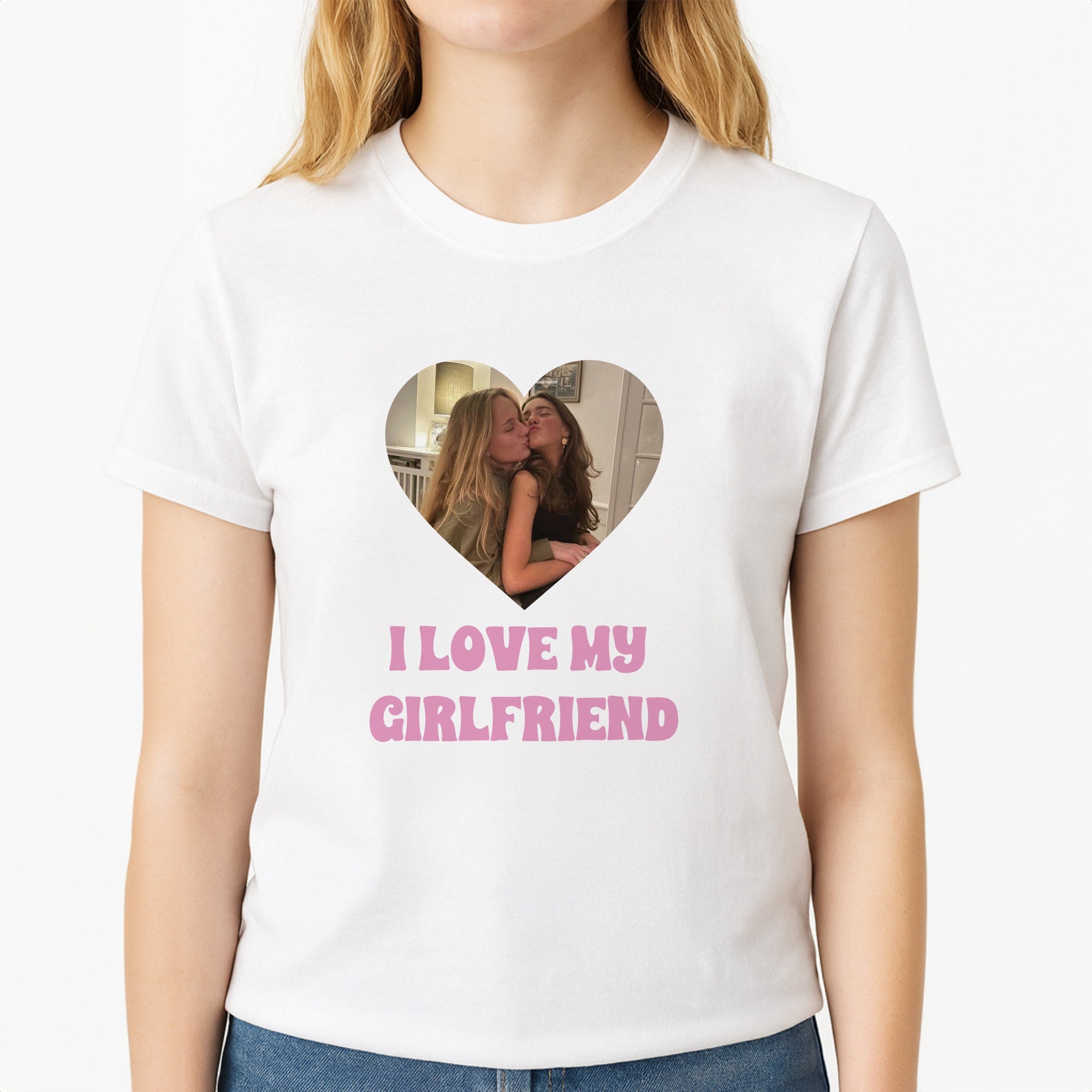 I Love My Girlfriend - Personalised Couples Unisex T-Shirt, worn by a female model