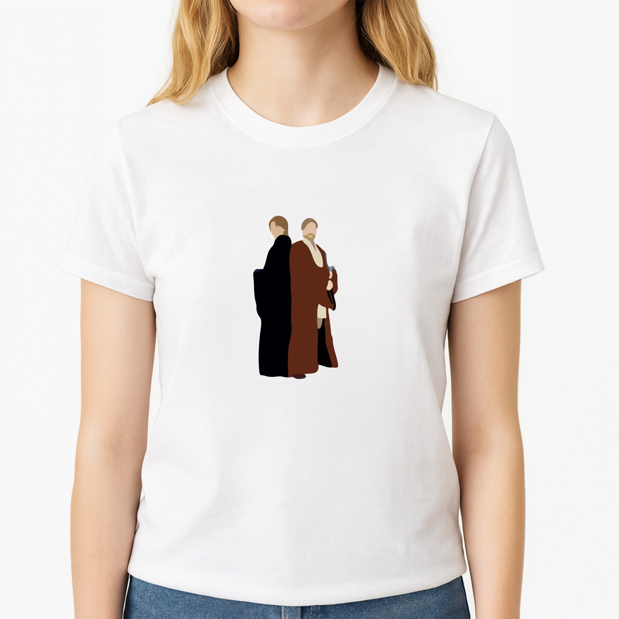 Skywalker and Kenobi Unisex T-Shirt, worn by a female model