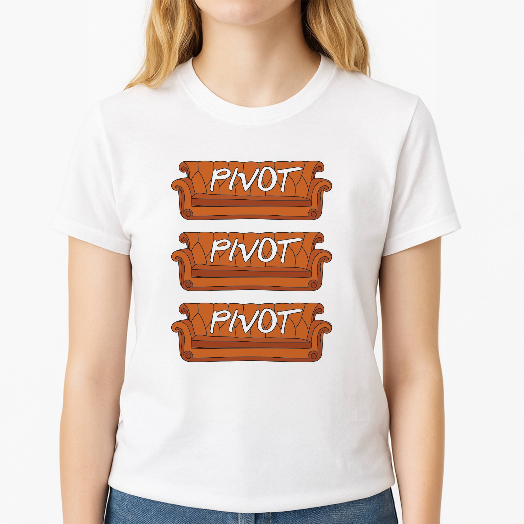 Sitcom Couches Pivot Unisex T-Shirt, worn by a female model