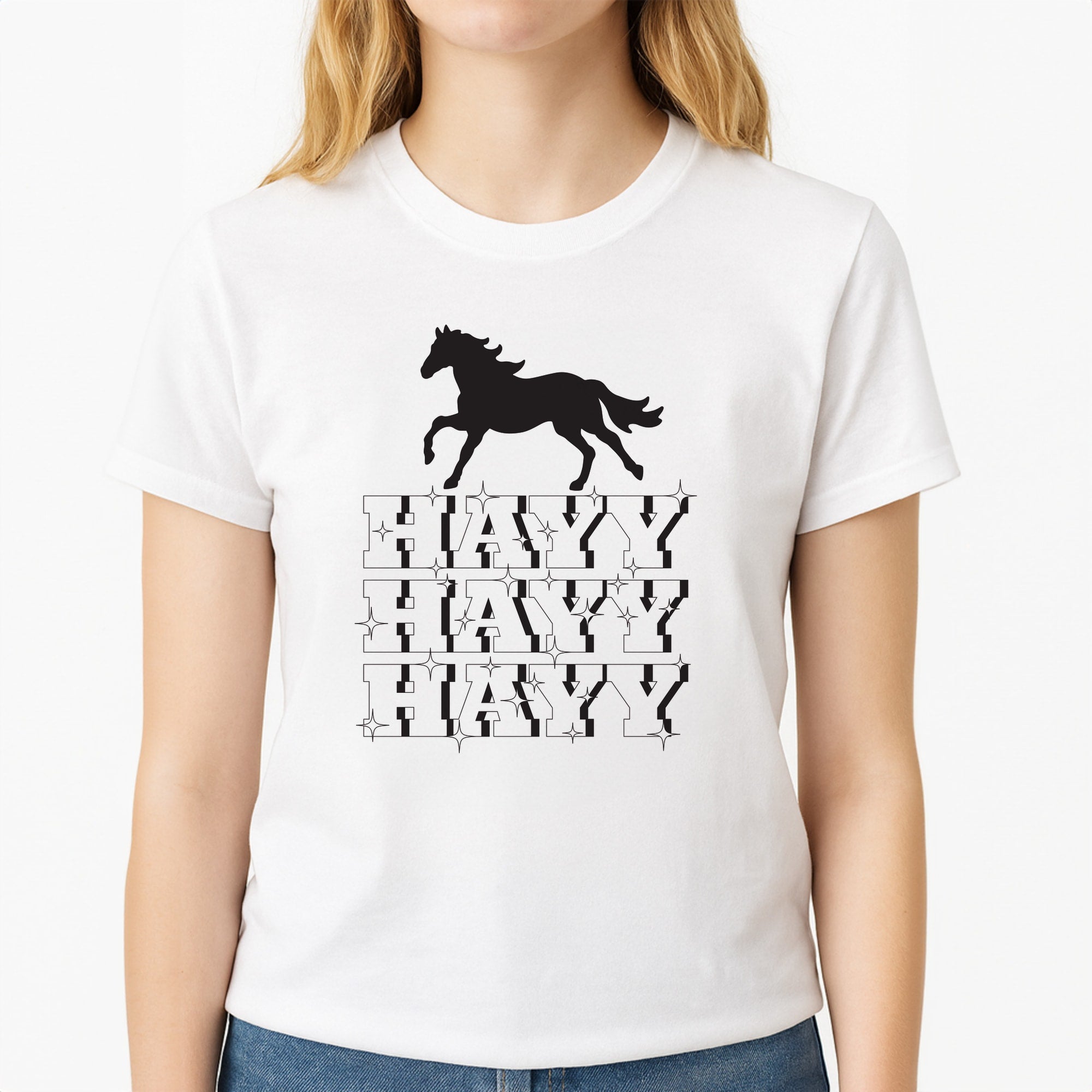 Hayy Hayy Hayy - Horses Unisex T-Shirt, worn by a female model