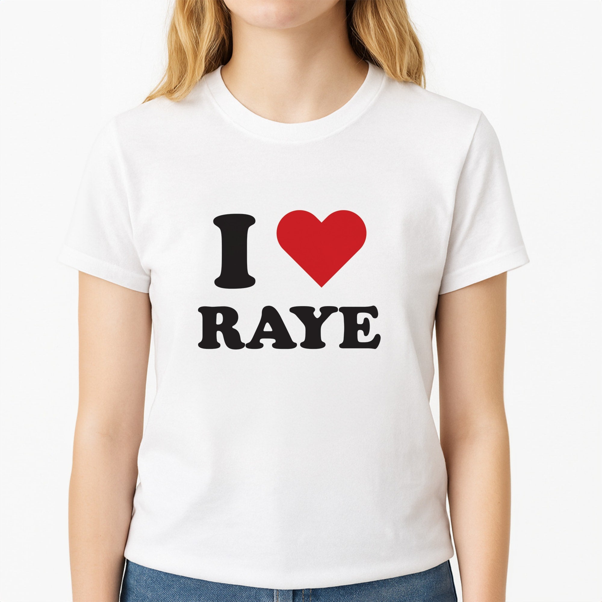 I Love Raye - Festival Unisex T-Shirt, worn by a female model
