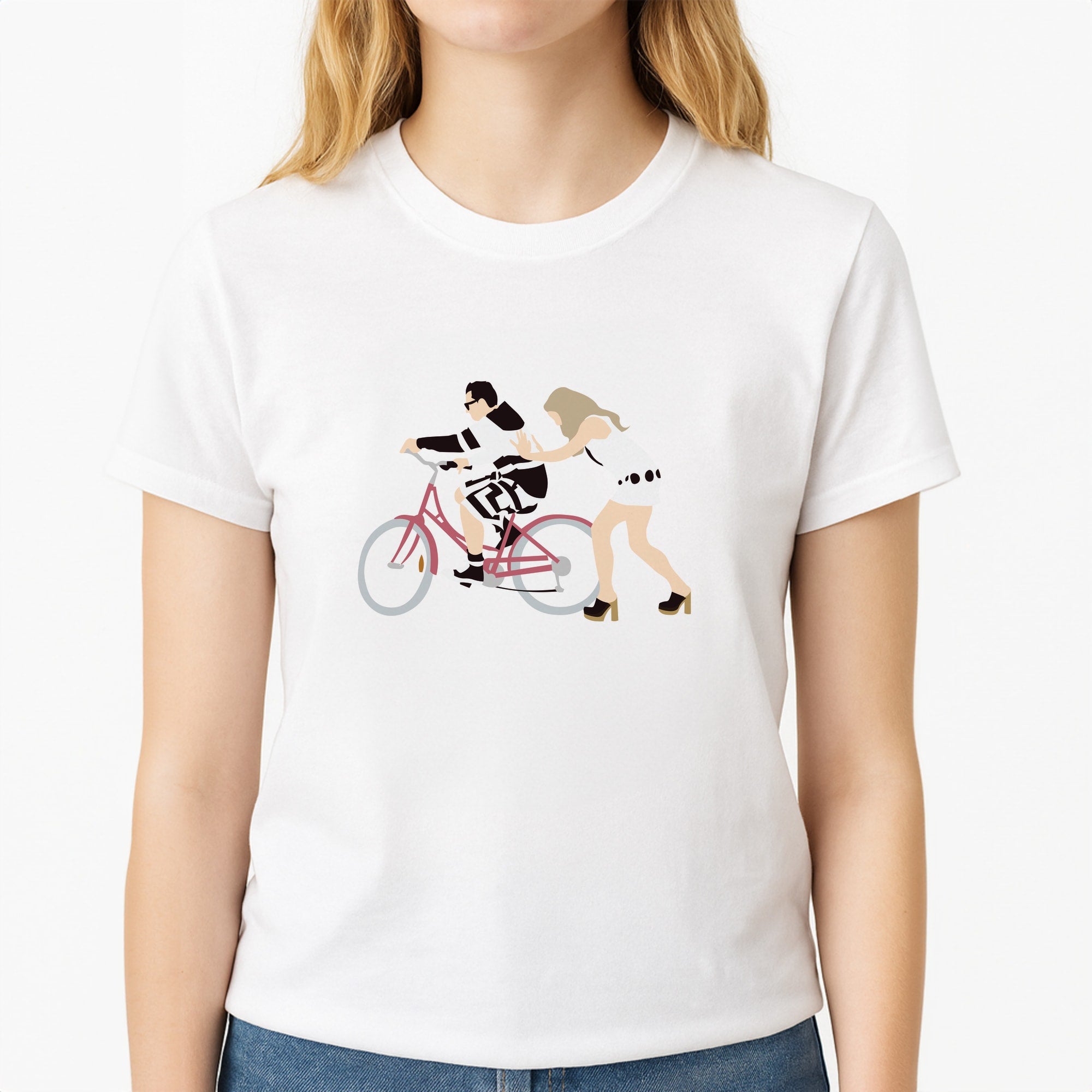 David Riding A Bike Unisex T-Shirt, worn by a female model