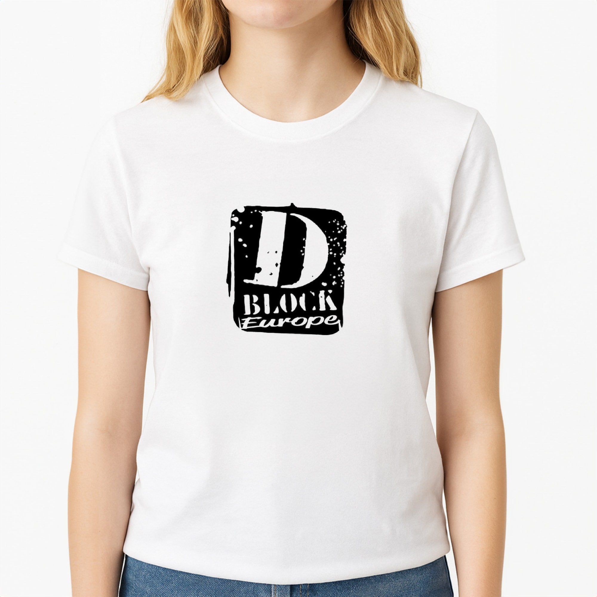 D Block Europe Unisex T-Shirt, worn by a female model