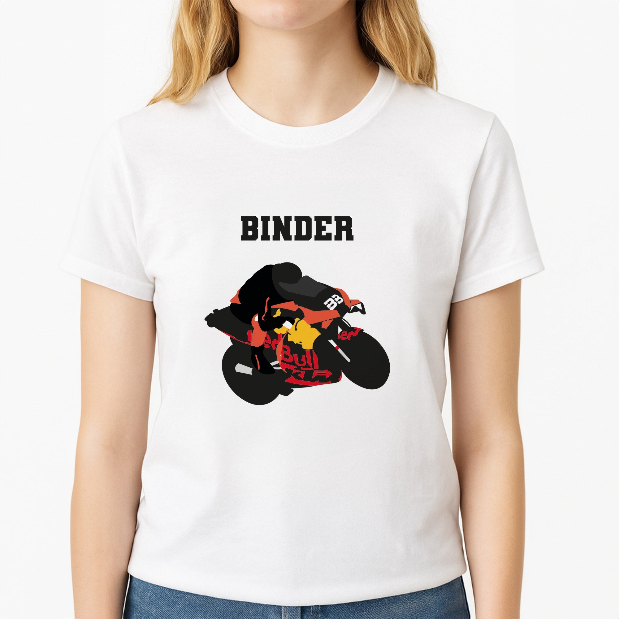 Binder - Motorbike Unisex T-Shirt, worn by a female model