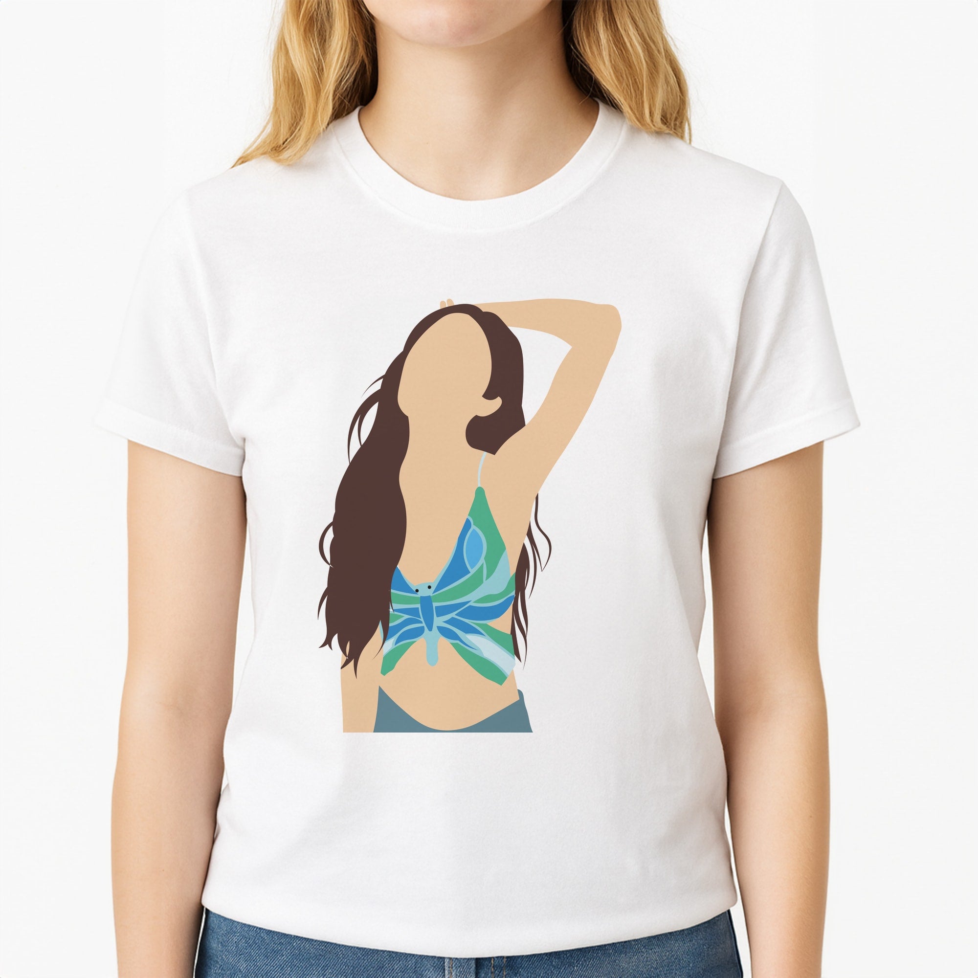Butterfly Top - Olivia Unisex T-Shirt, worn by a female model