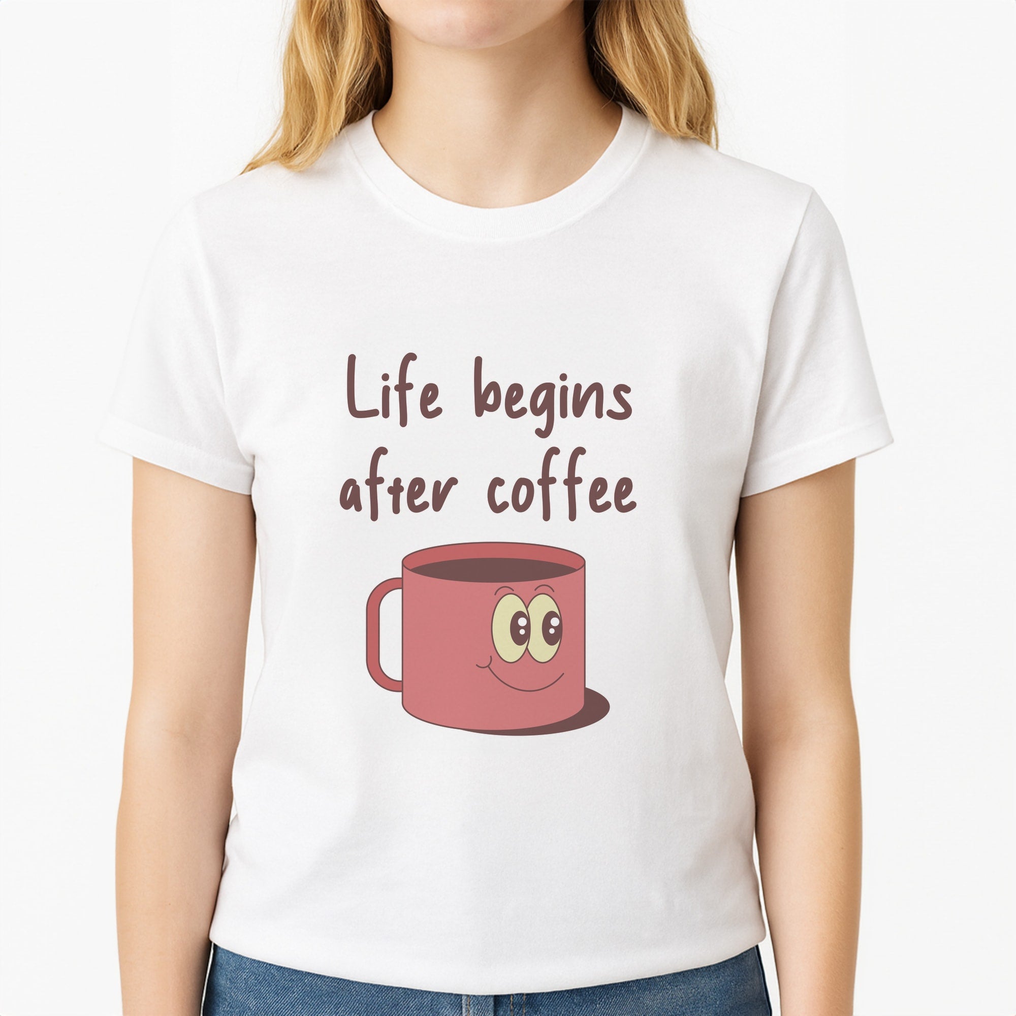 Life Begins After Coffee - Aesthetic Quote Unisex T-Shirt, worn by a female model