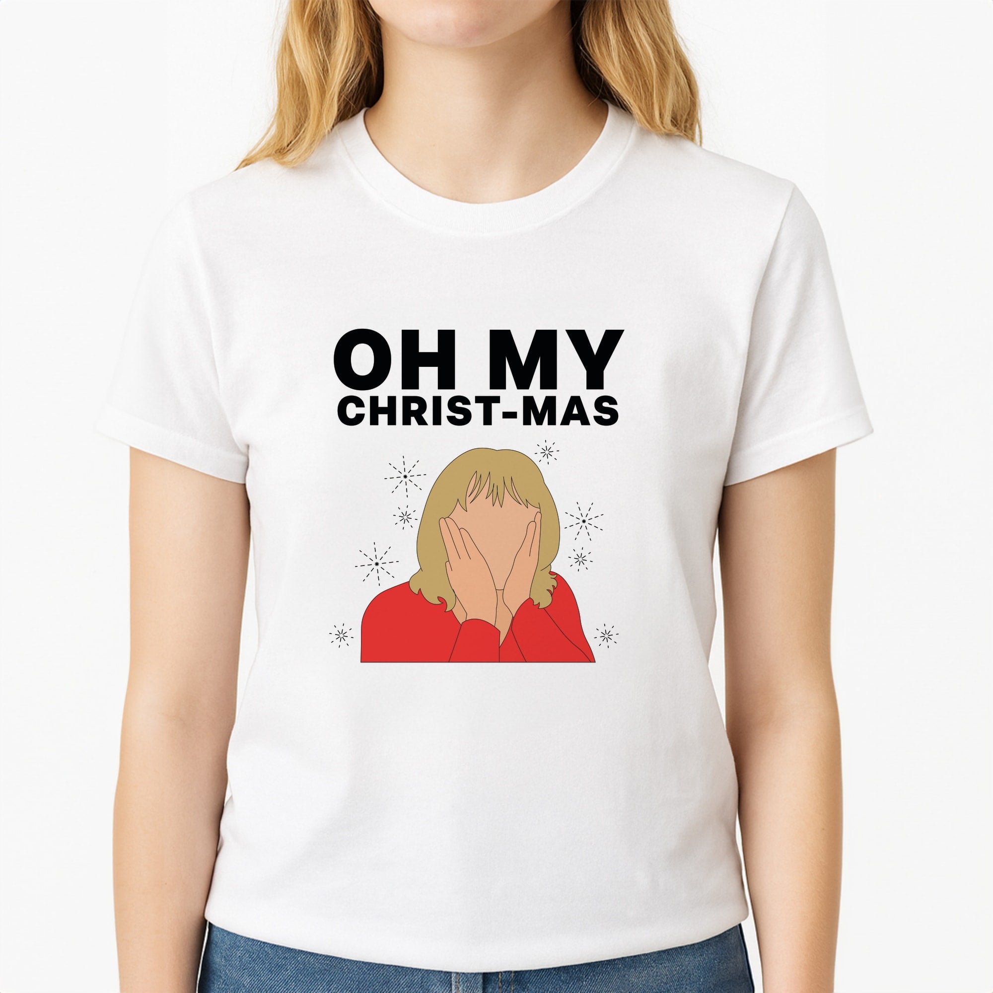 Oh My Christ-Mas Unisex T-Shirt, worn by a female model