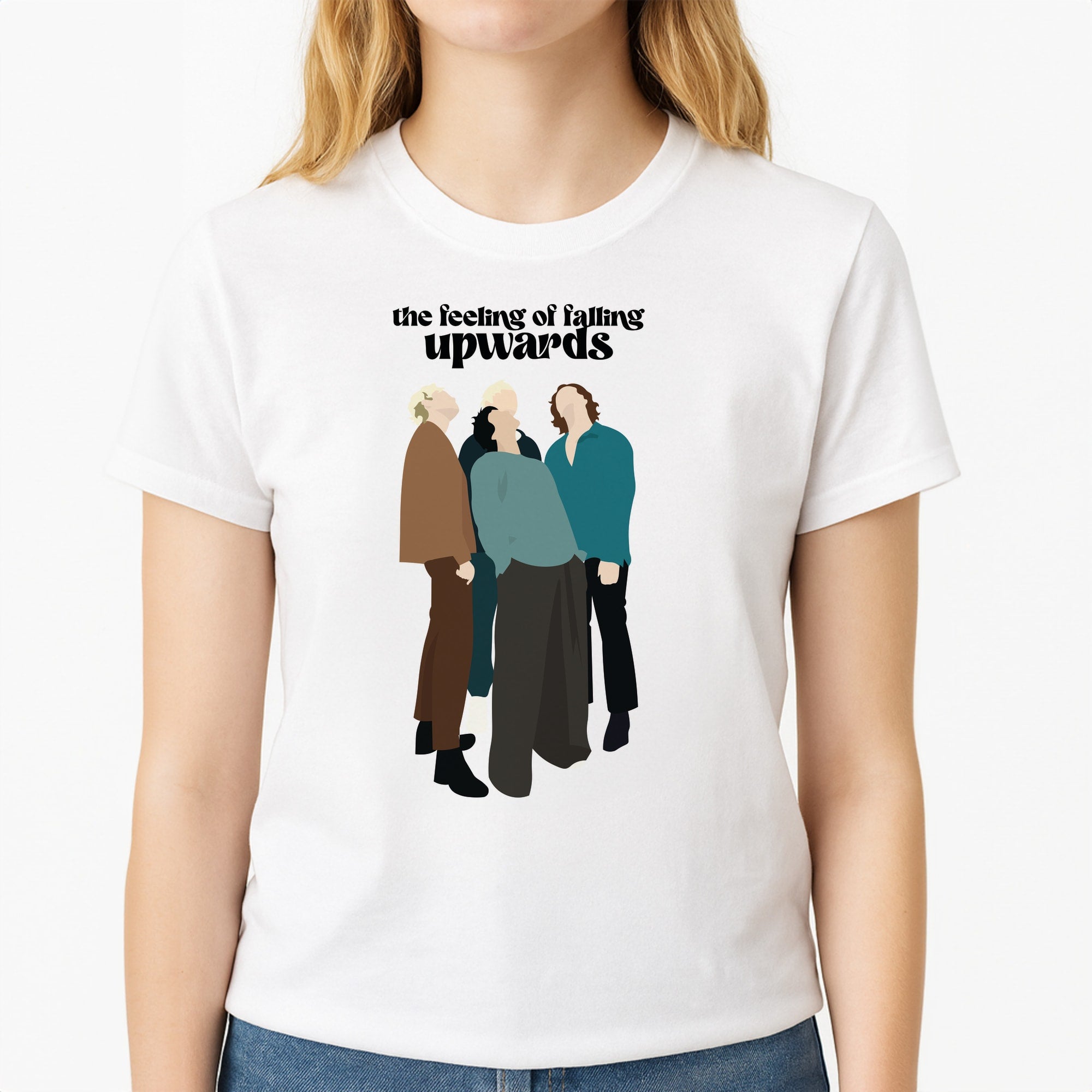 The Feeling Of Falling Upwards Unisex T-Shirt, worn by a female model