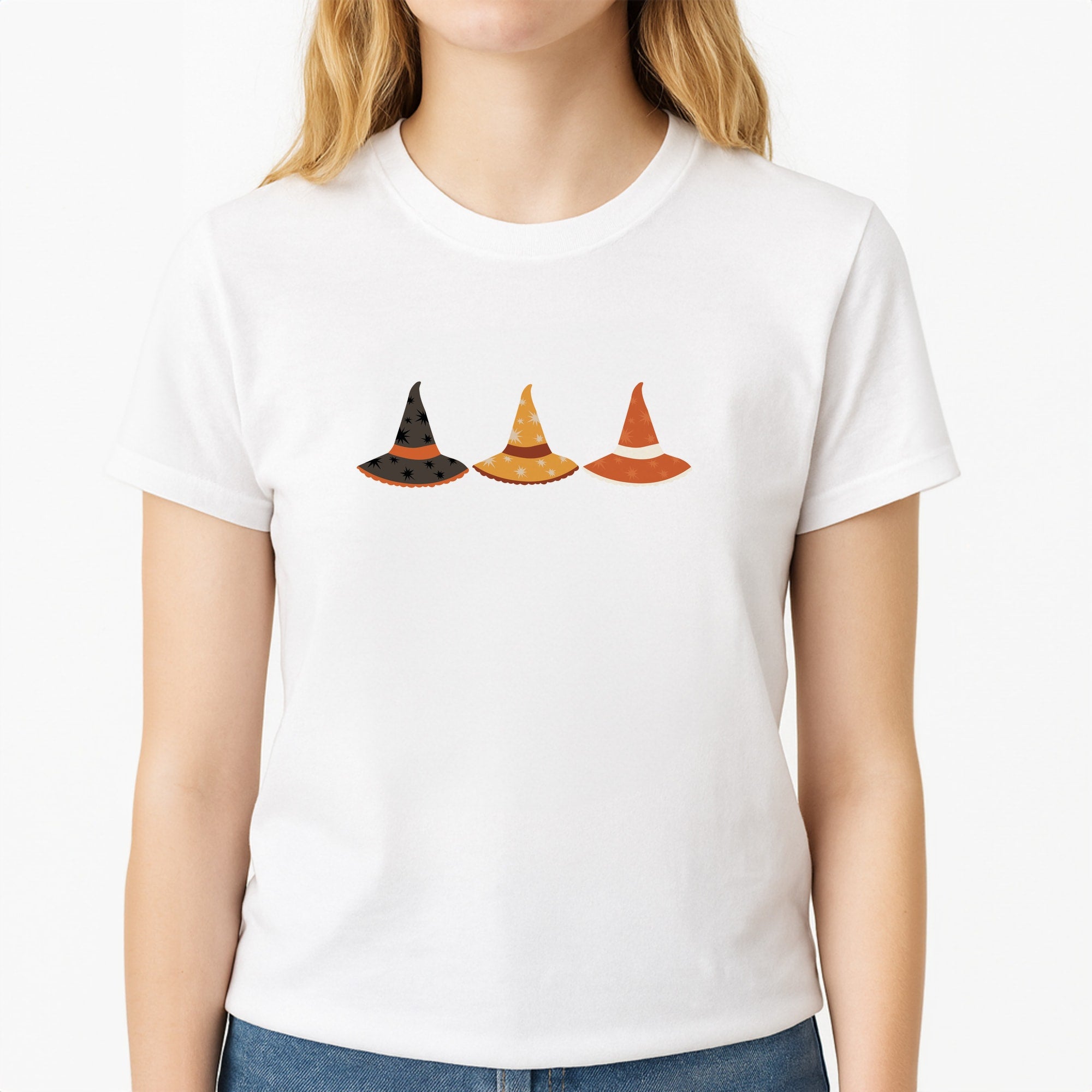 Halloween Pattern 19 Unisex T-Shirt, worn by a female model