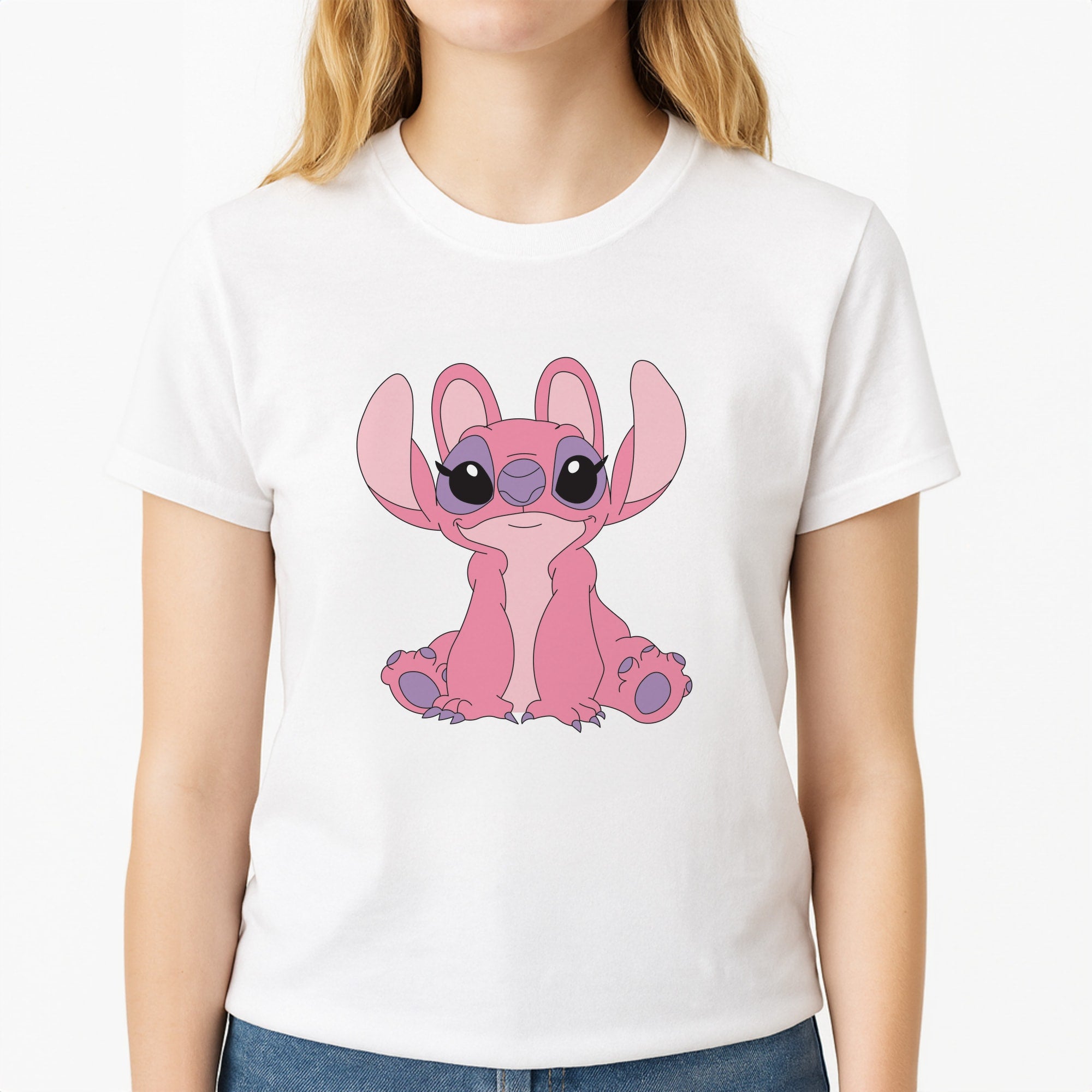 Sitting Down - Pink Alien Unisex T-Shirt, worn by a female model