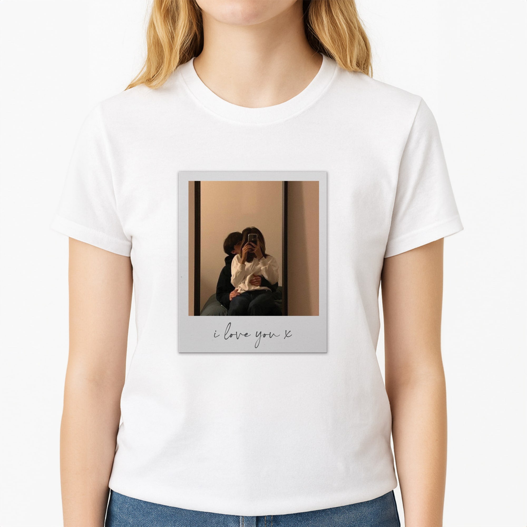 I Love You Polaroid - Personalised Couples Unisex T-Shirt, worn by a female model