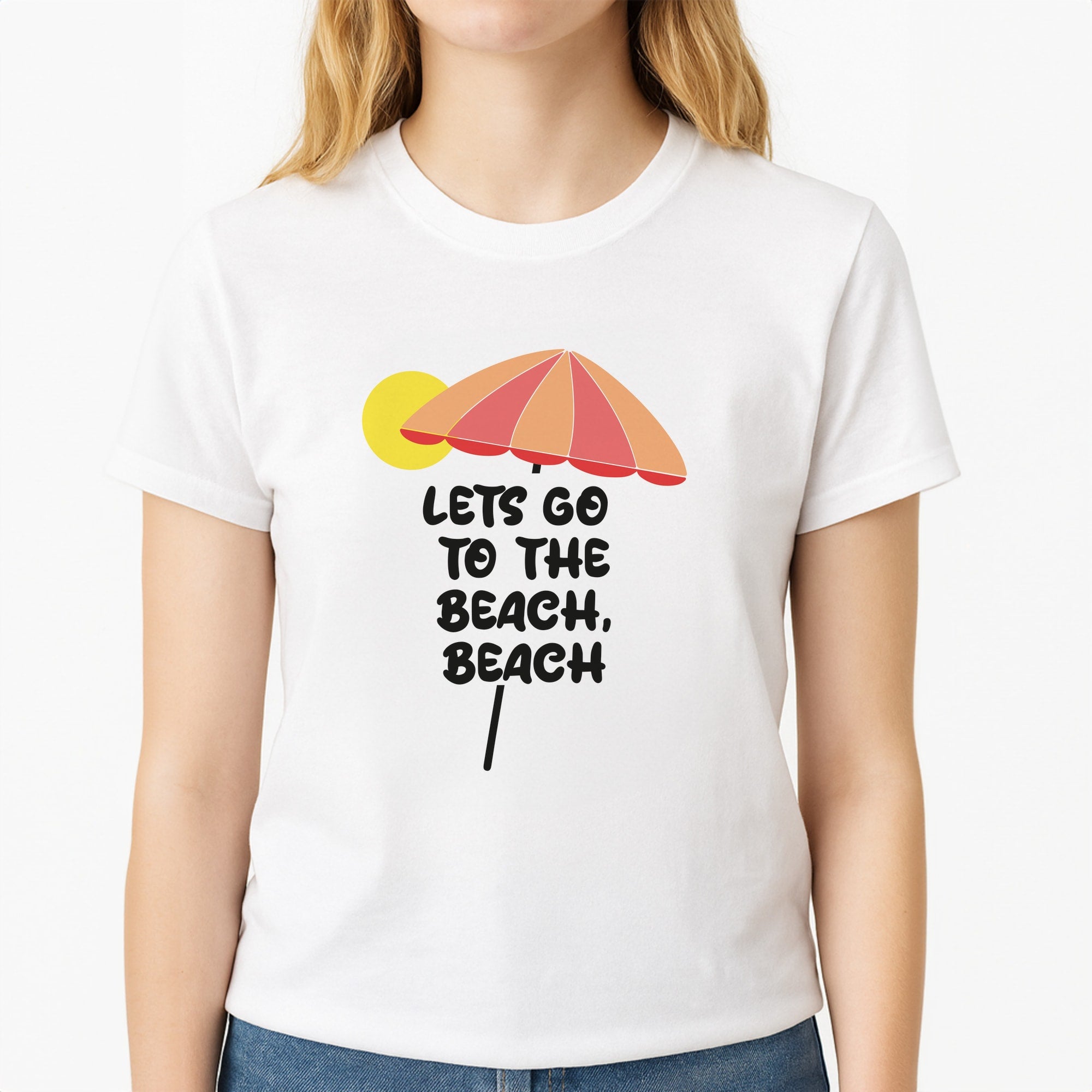 Lets Go To The Beach - Summer Quotes Unisex T-Shirt, worn by a female model