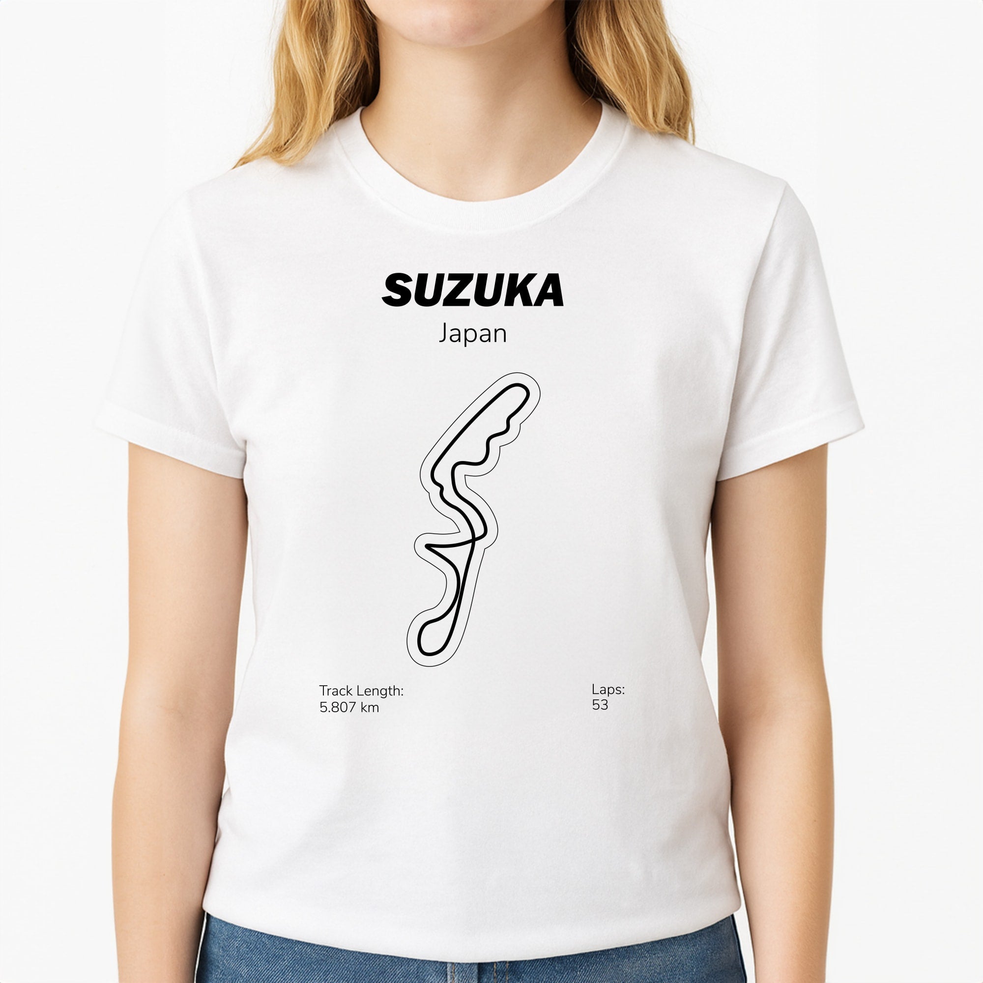 Suzuka Circuit Unisex T-Shirt, worn by a female model