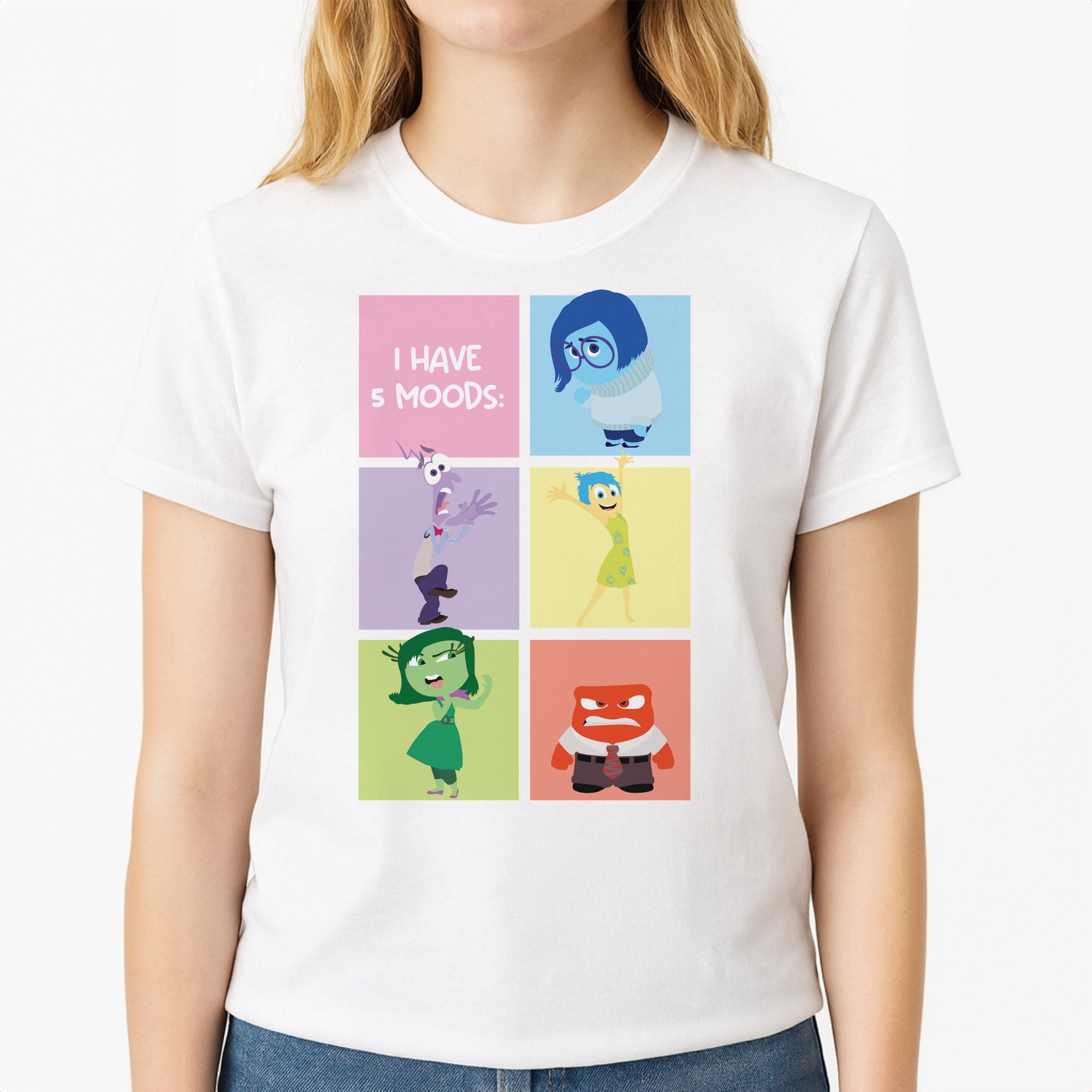 I Have Moods - Inside Out Unisex T-Shirt, worn by a female model