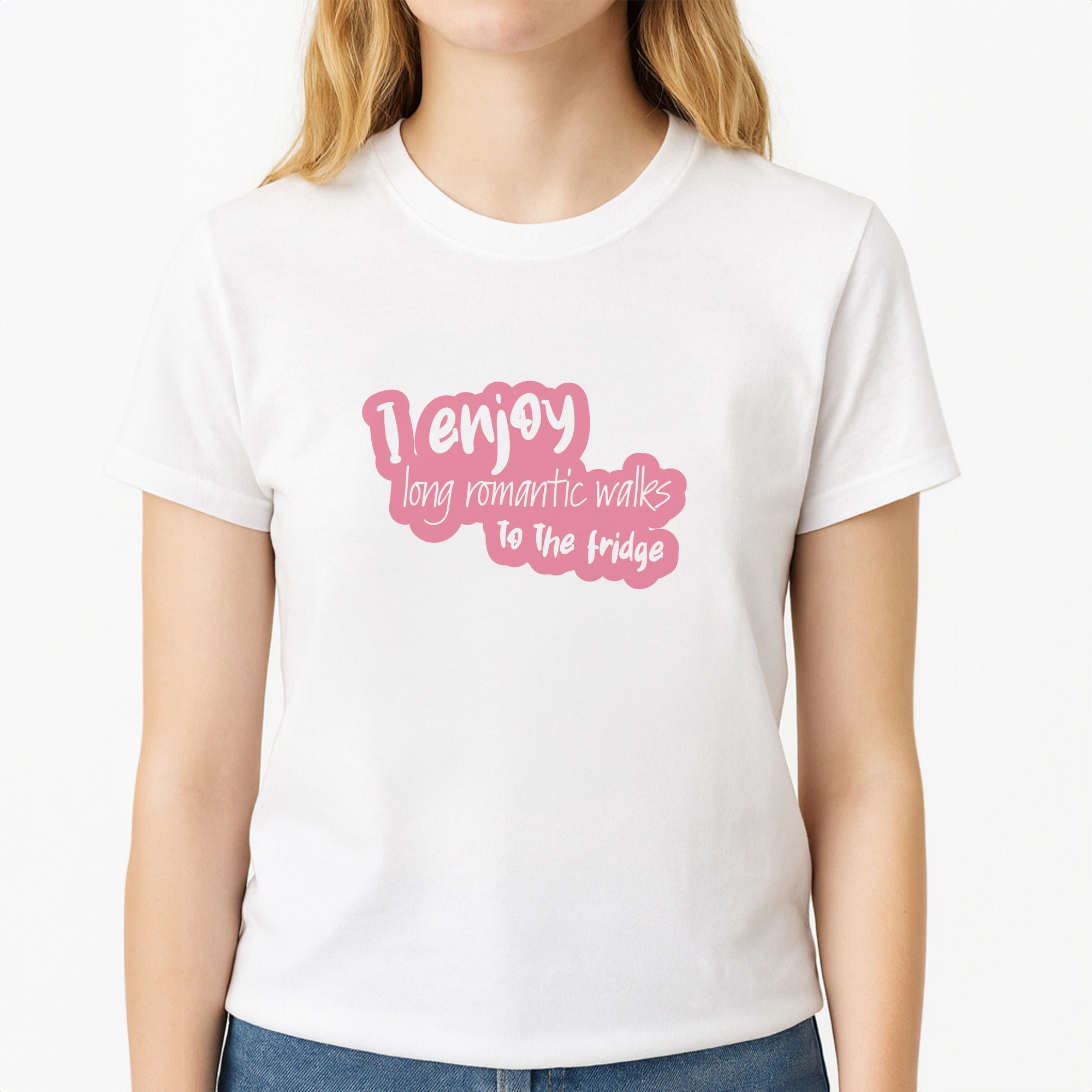 I Enjoy Long Romantic Walks - Funny Quotes Unisex T-Shirt, worn by a female model
