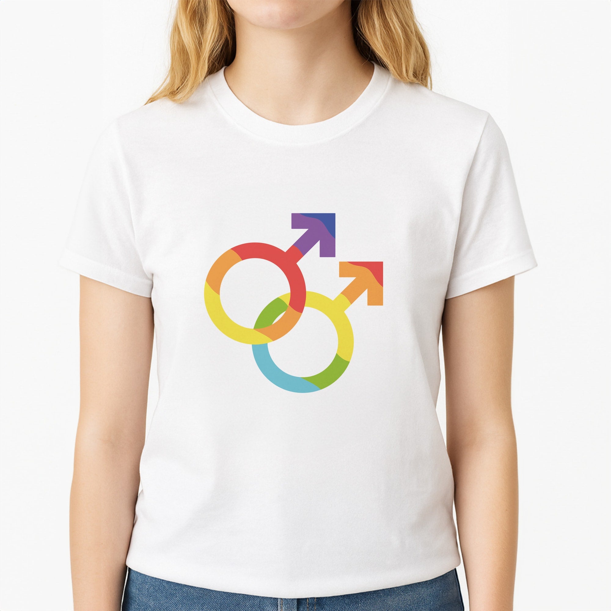 Gender Symbol Male - Pride Unisex T-Shirt, worn by a female model