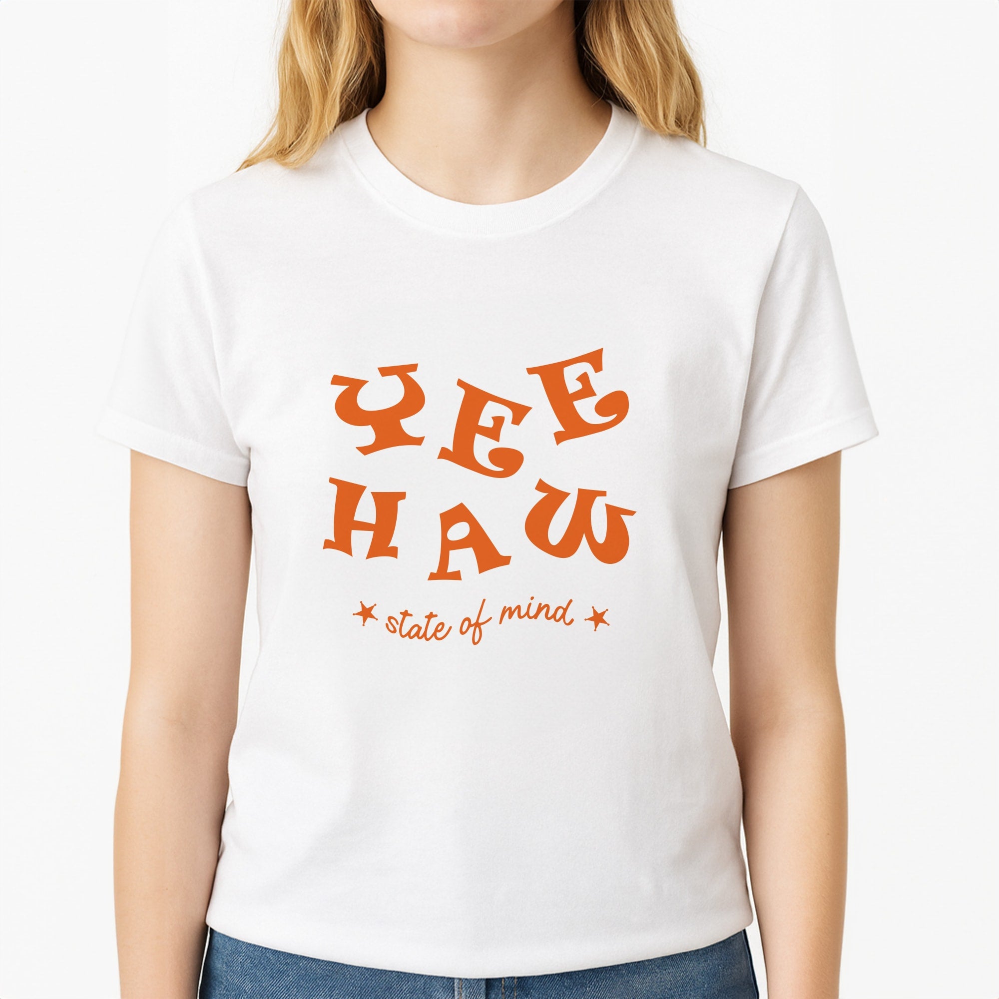 Yee-Haw State Of Mind Unisex T-Shirt, worn by a female model