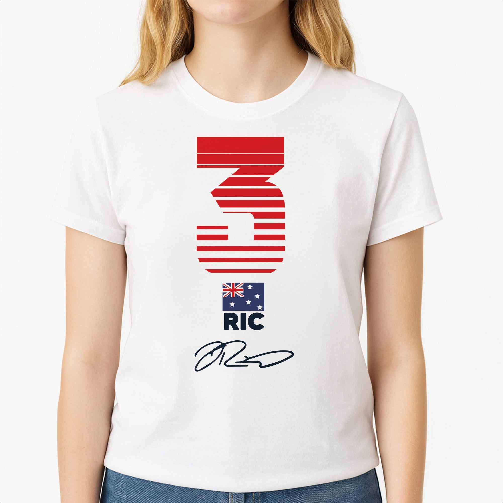 Ricciardo - F1 Unisex T-Shirt, worn by a female model