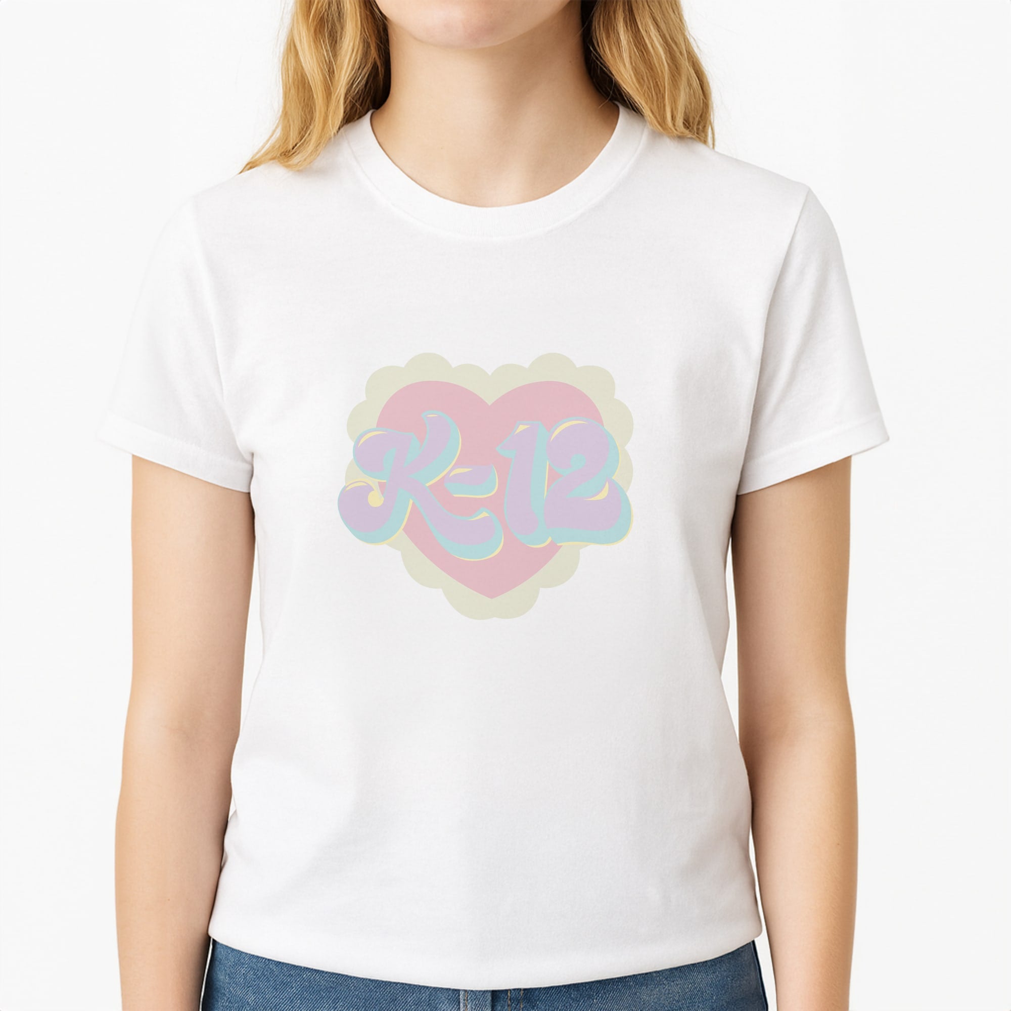 K12 Unisex T-Shirt, worn by a female model