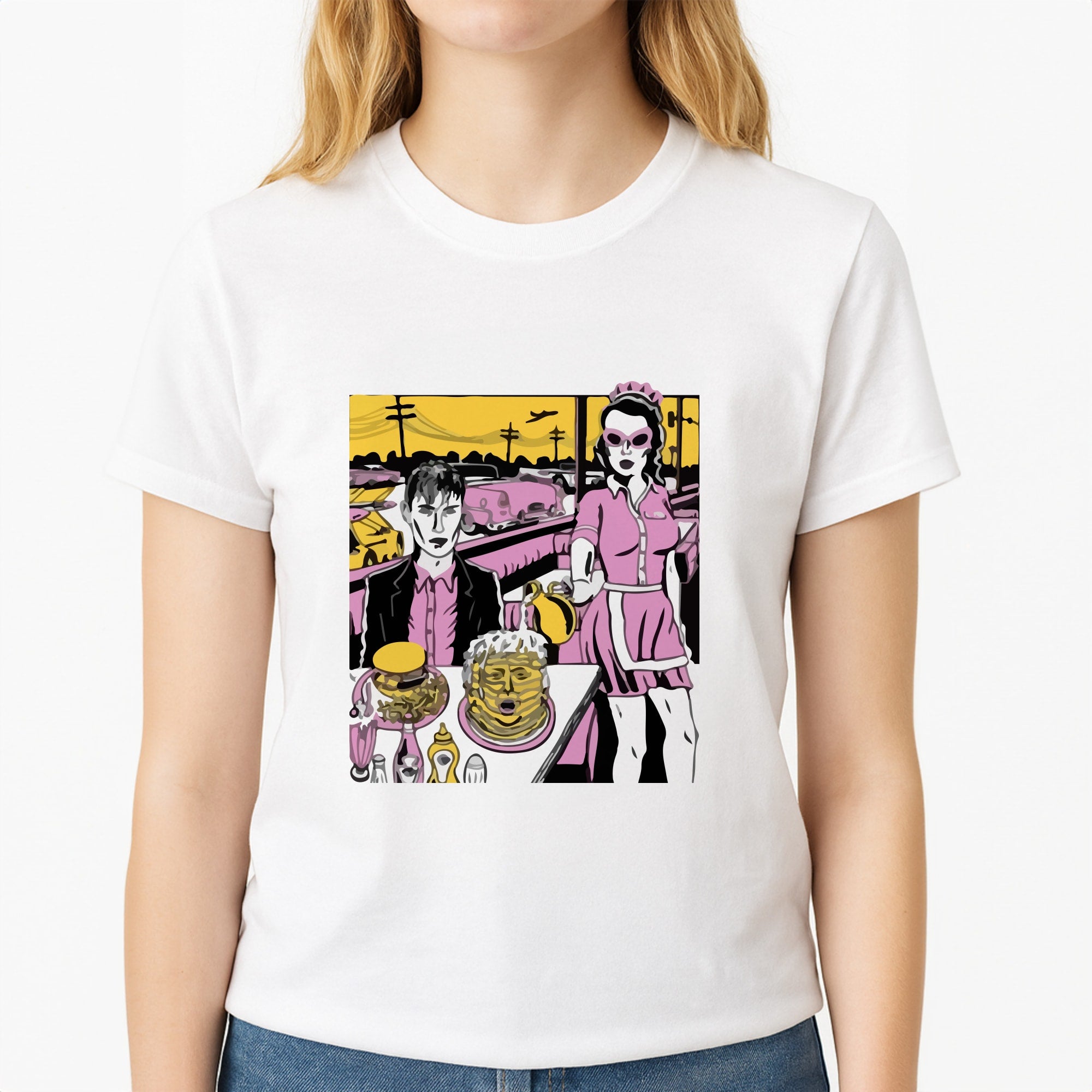Popart Fender Unisex T-Shirt, worn by a female model