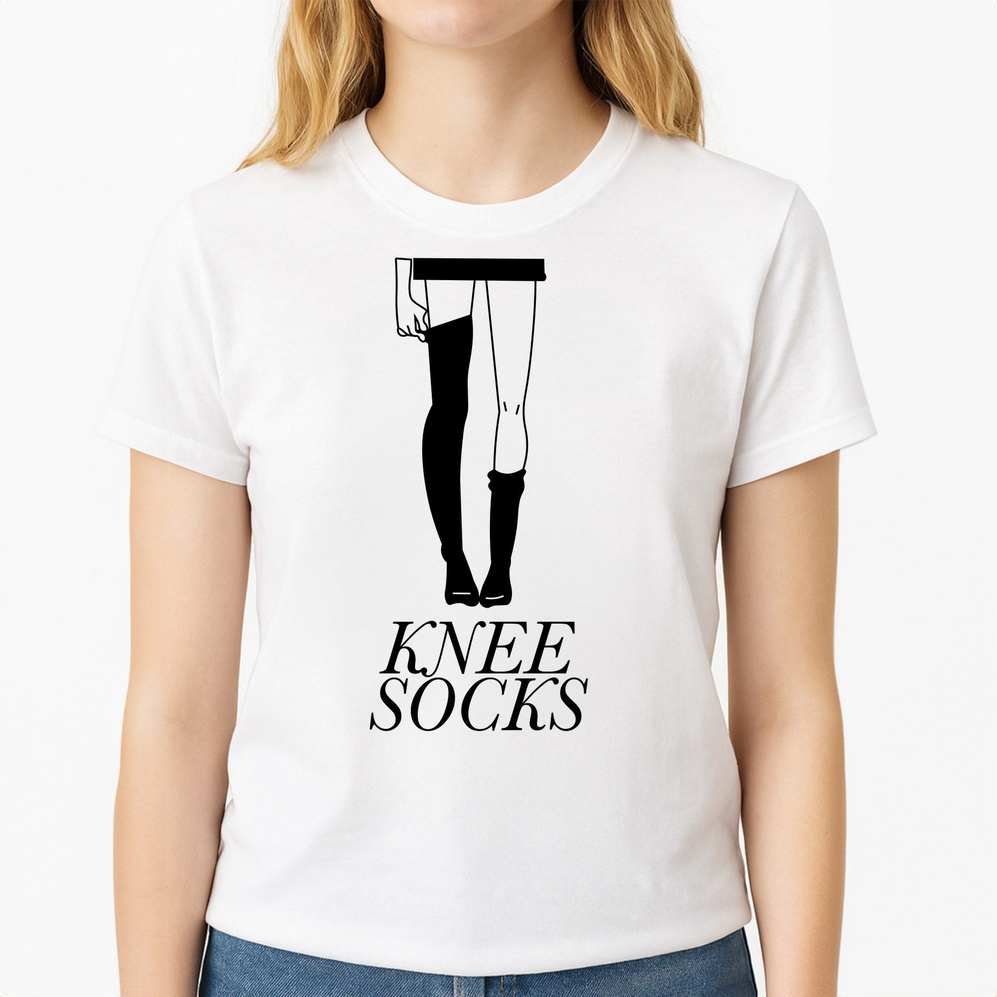 Knee Socks Unisex T-Shirt, worn by a female model