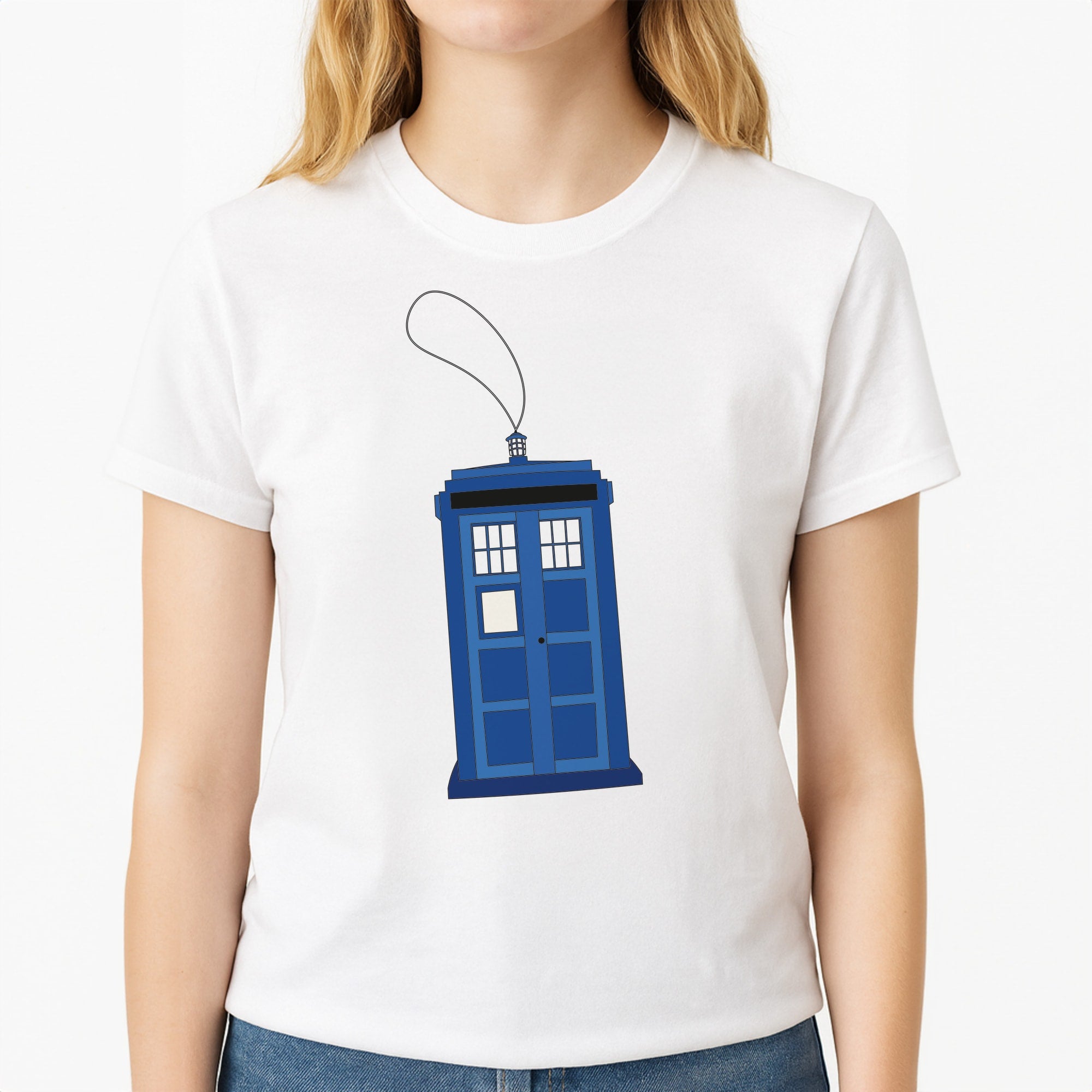 Tardis Ornement - Doctor Who Unisex T-Shirt, worn by a female model