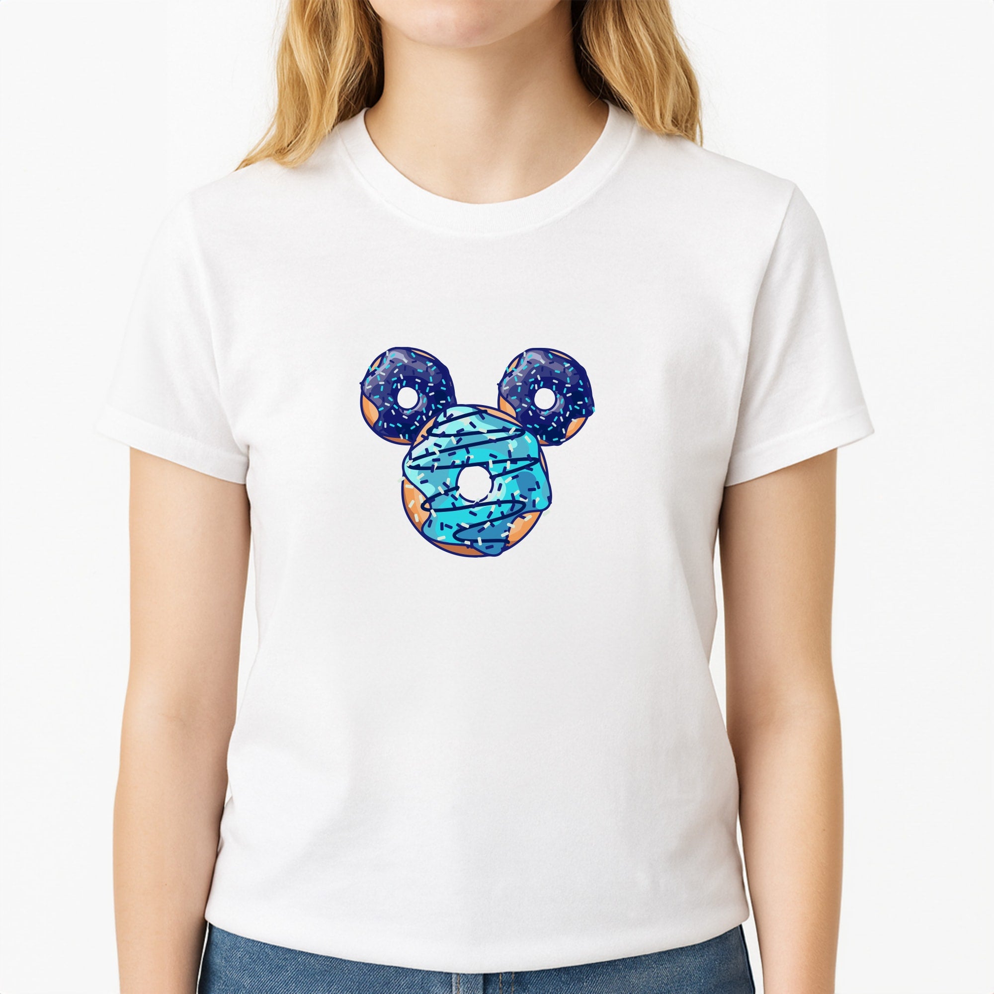 Fairytale Mouse Doughnuts Unisex T-Shirt, worn by a female model