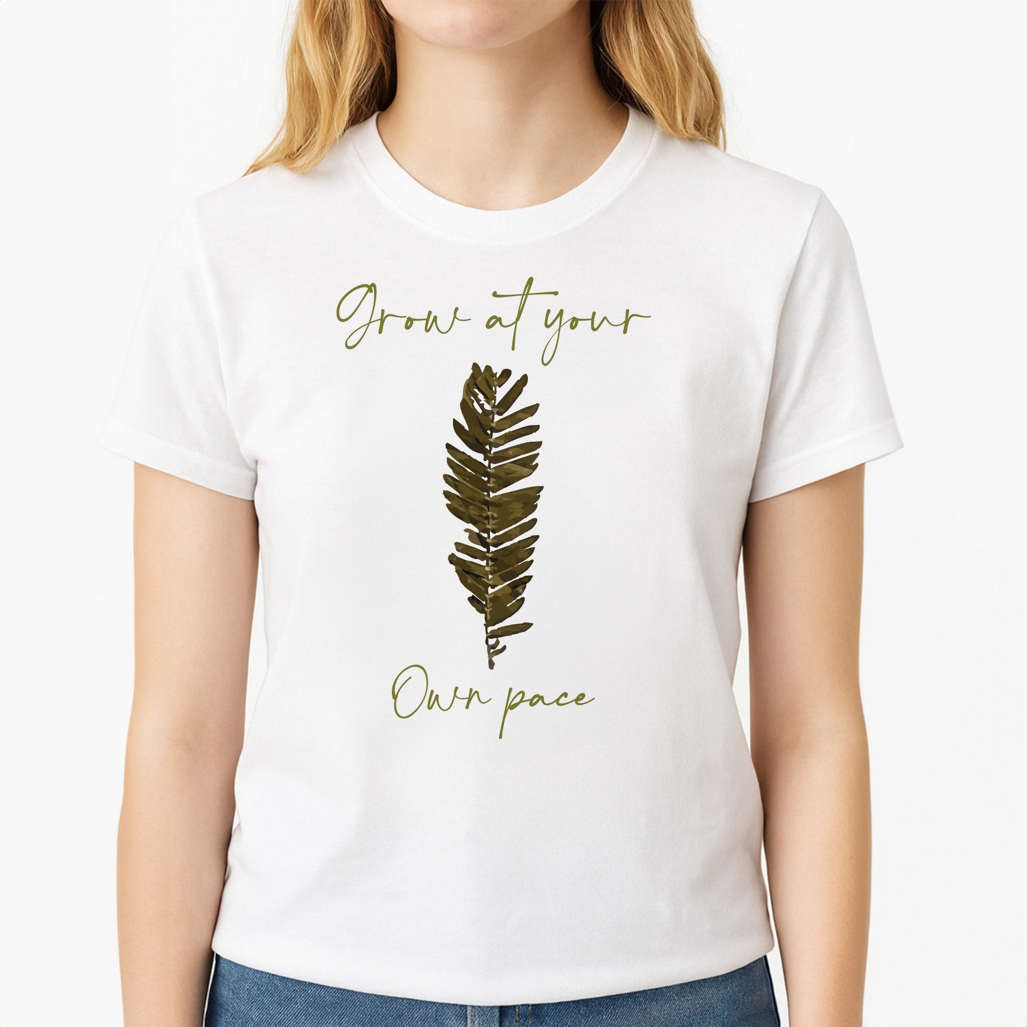 Grow At Your Own Pace Fern Unisex T-Shirt, worn by a female model
