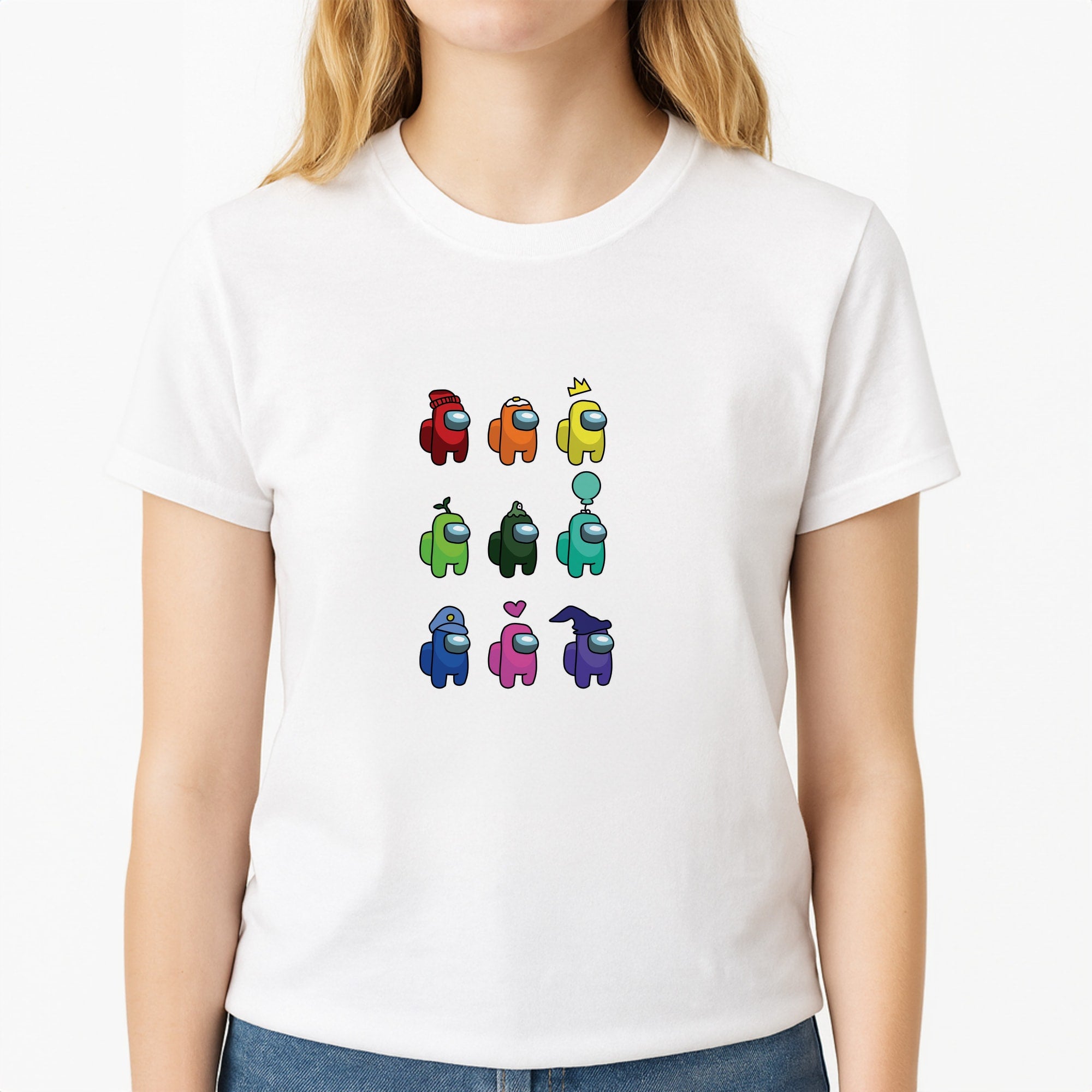 Among Gaming characters Unisex T-Shirt, worn by a female model