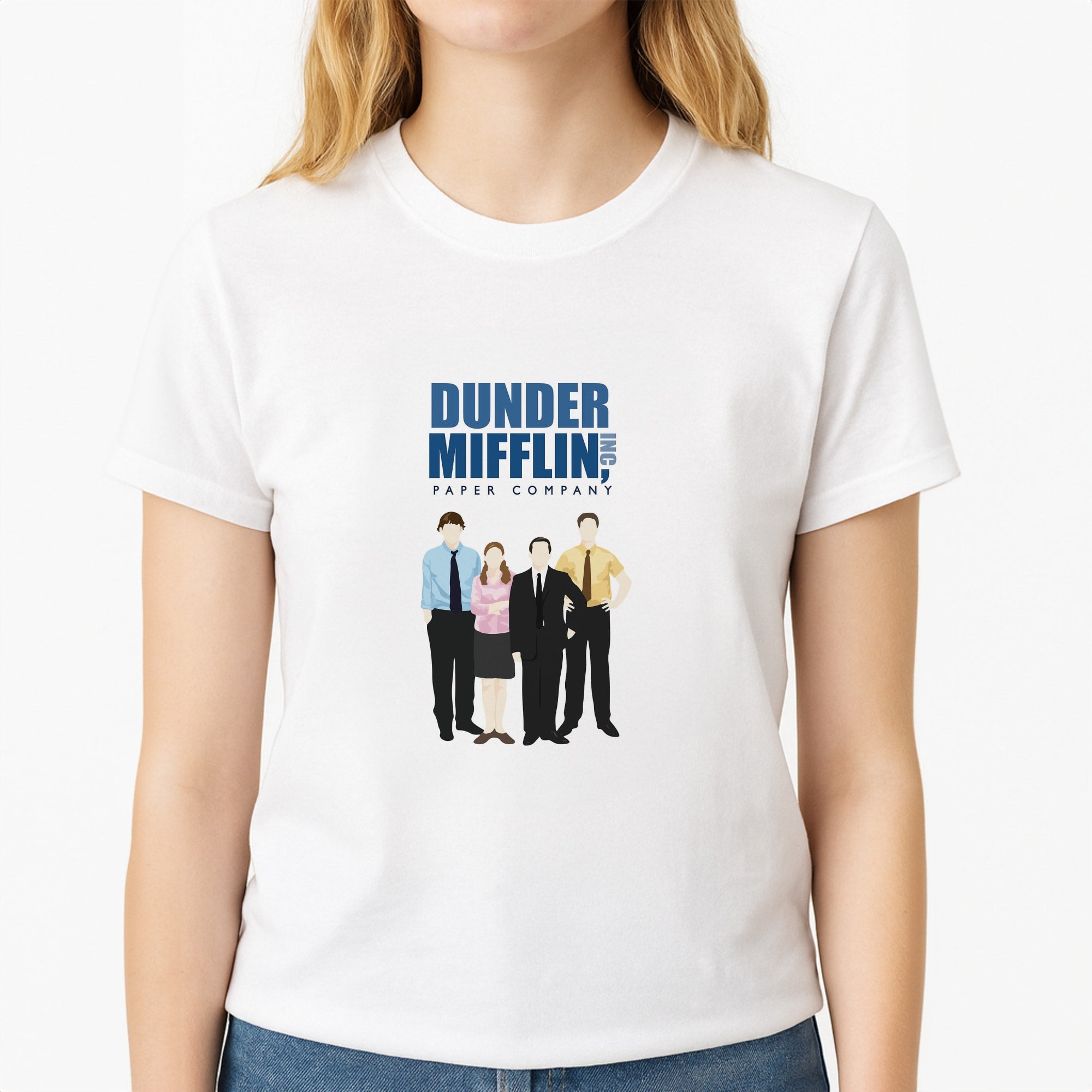 Office Cartoon - Dunder Mifflin Unisex T-Shirt, worn by a female model
