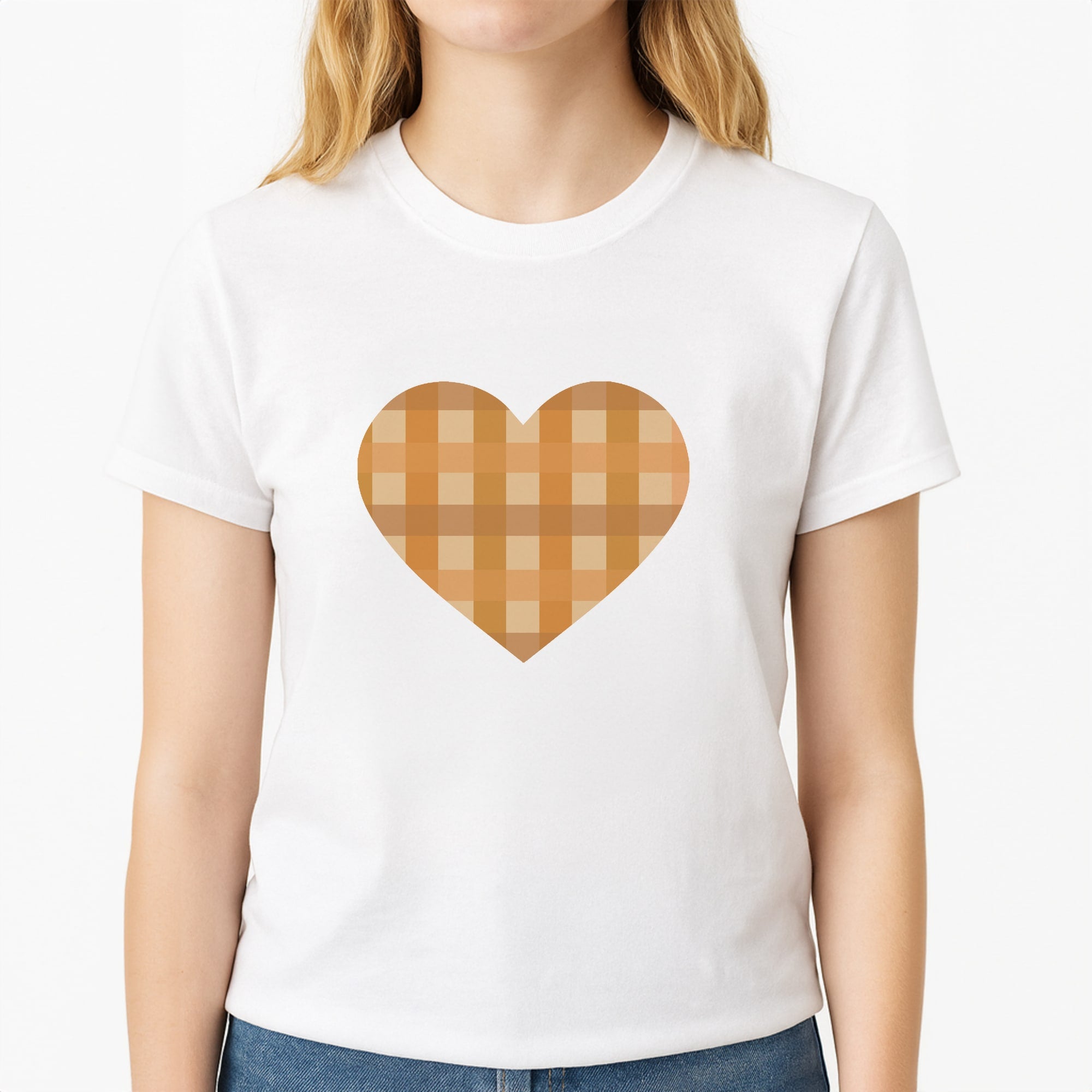 Orange Plaid Pattern- Autumn Unisex T-Shirt, worn by a female model