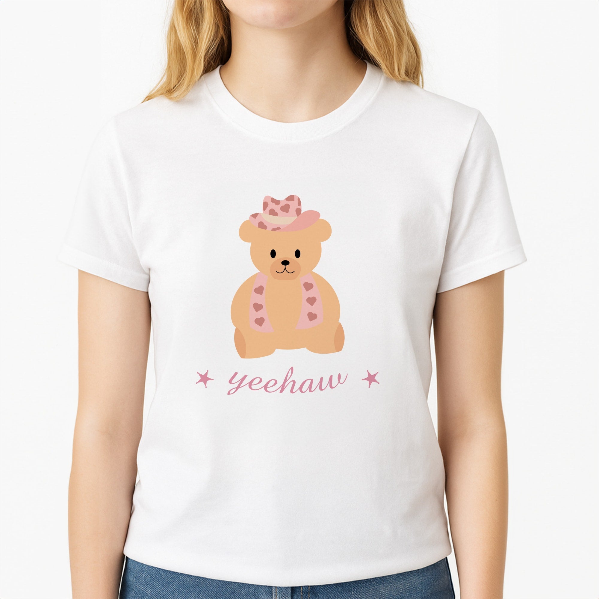 Yeehaw Teddy Bear Unisex T-Shirt, worn by a female model